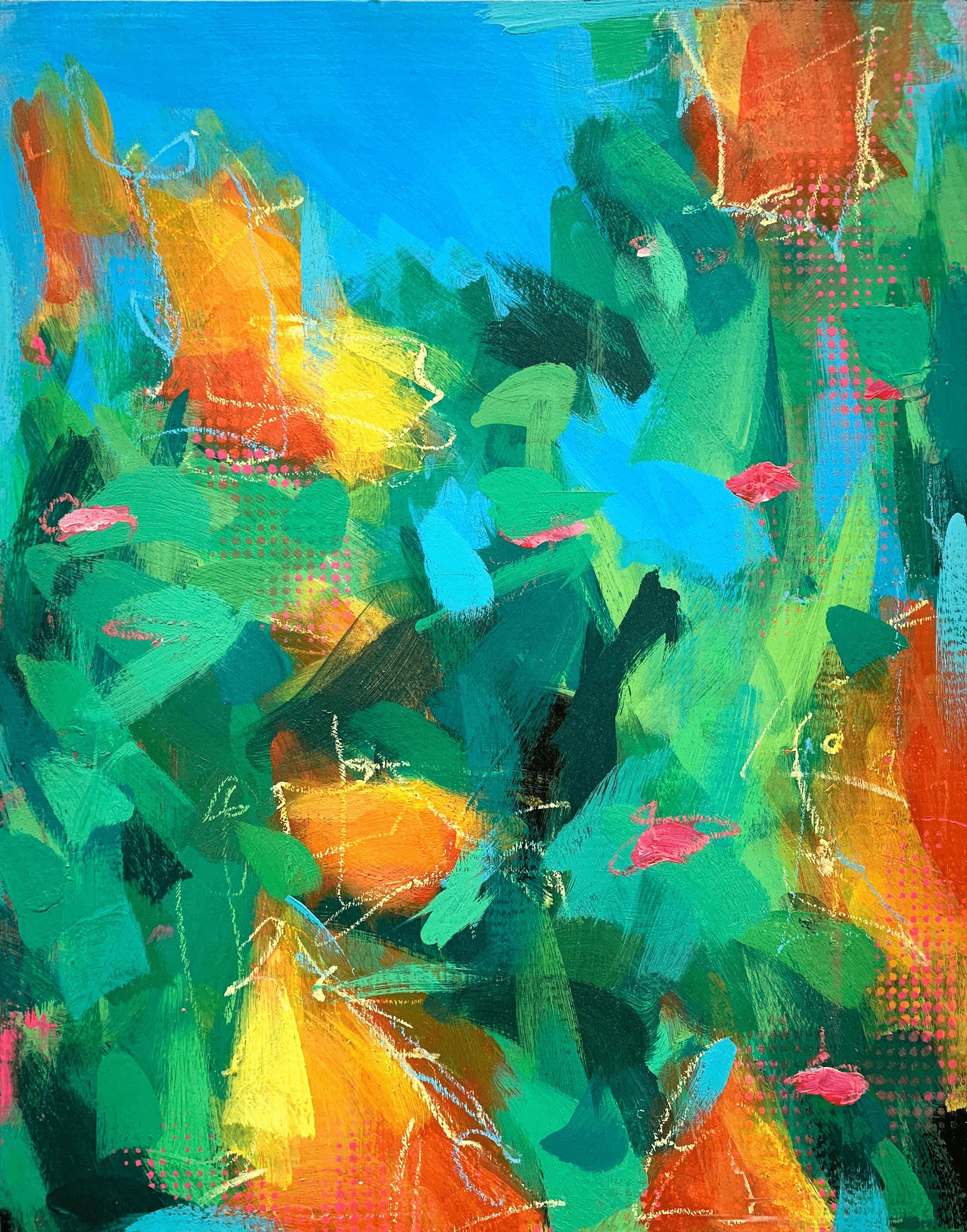 'Pushing Boundaries' is an abstract impressionist floral painting by urban impressionist painter Steve Javiel. The piece incorporates a blend of acrylic paints, oil pastels, and spray paints on a wood panel. It measures 14 x 11 x 1.5 inches and is