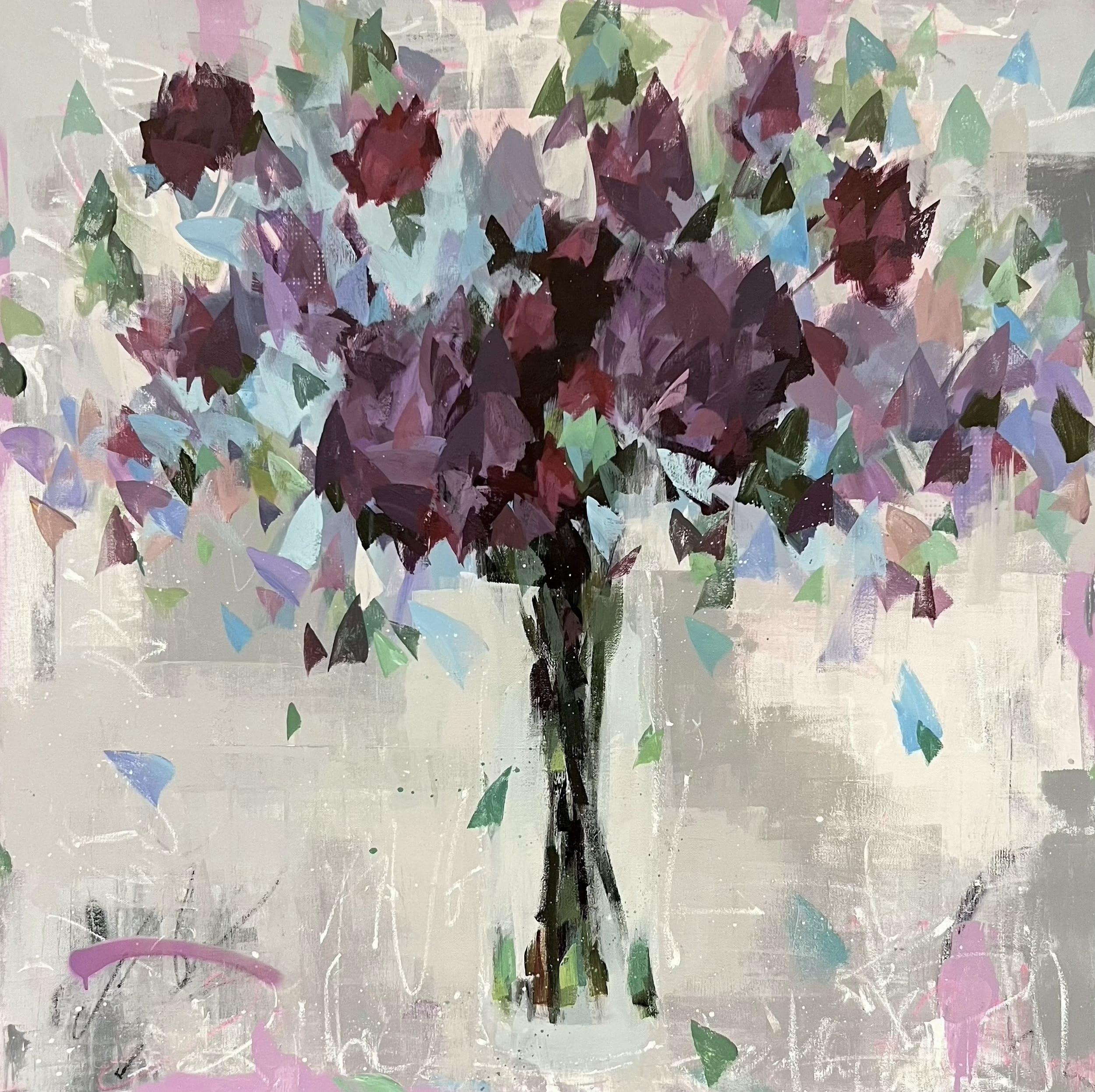 Steve Javiel Still-Life Painting – Abstrakt-impressionistisches lila Blumengemälde von Unite