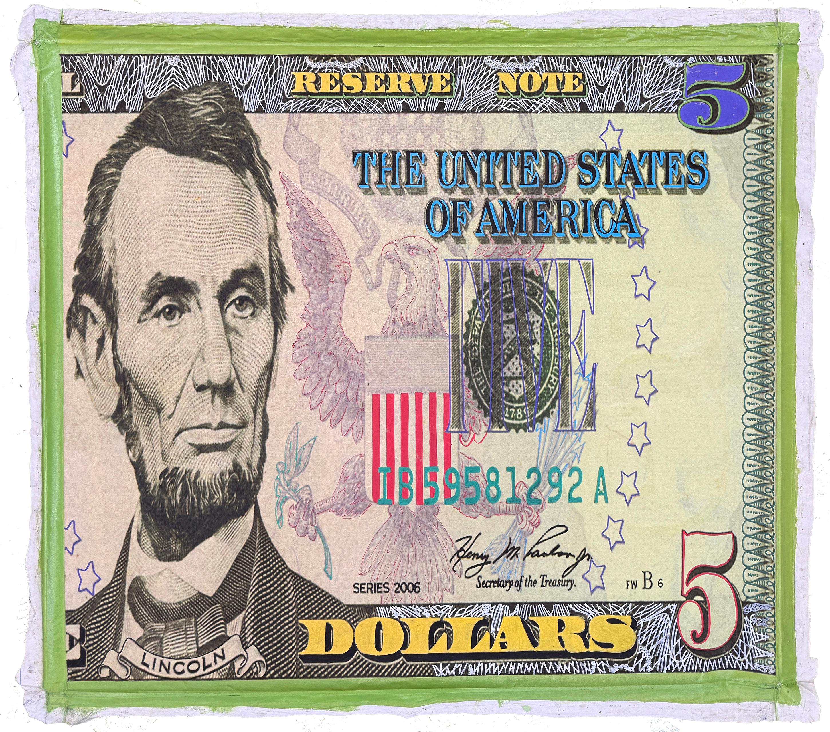 Lincoln Five Dollar Bill (huge unique painting on canvas) - Painting by Steve Kaufman