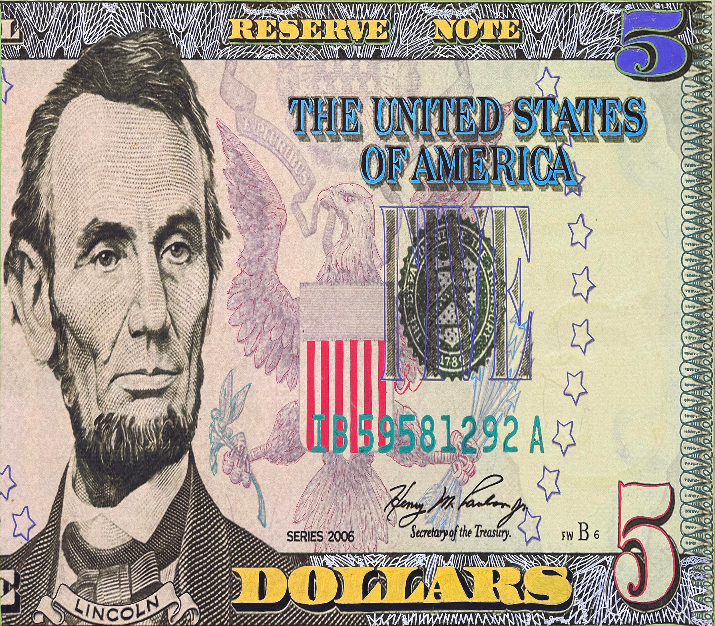 Steve Kaufman Portrait Painting - Lincoln Five Dollar Bill (huge unique painting on canvas)