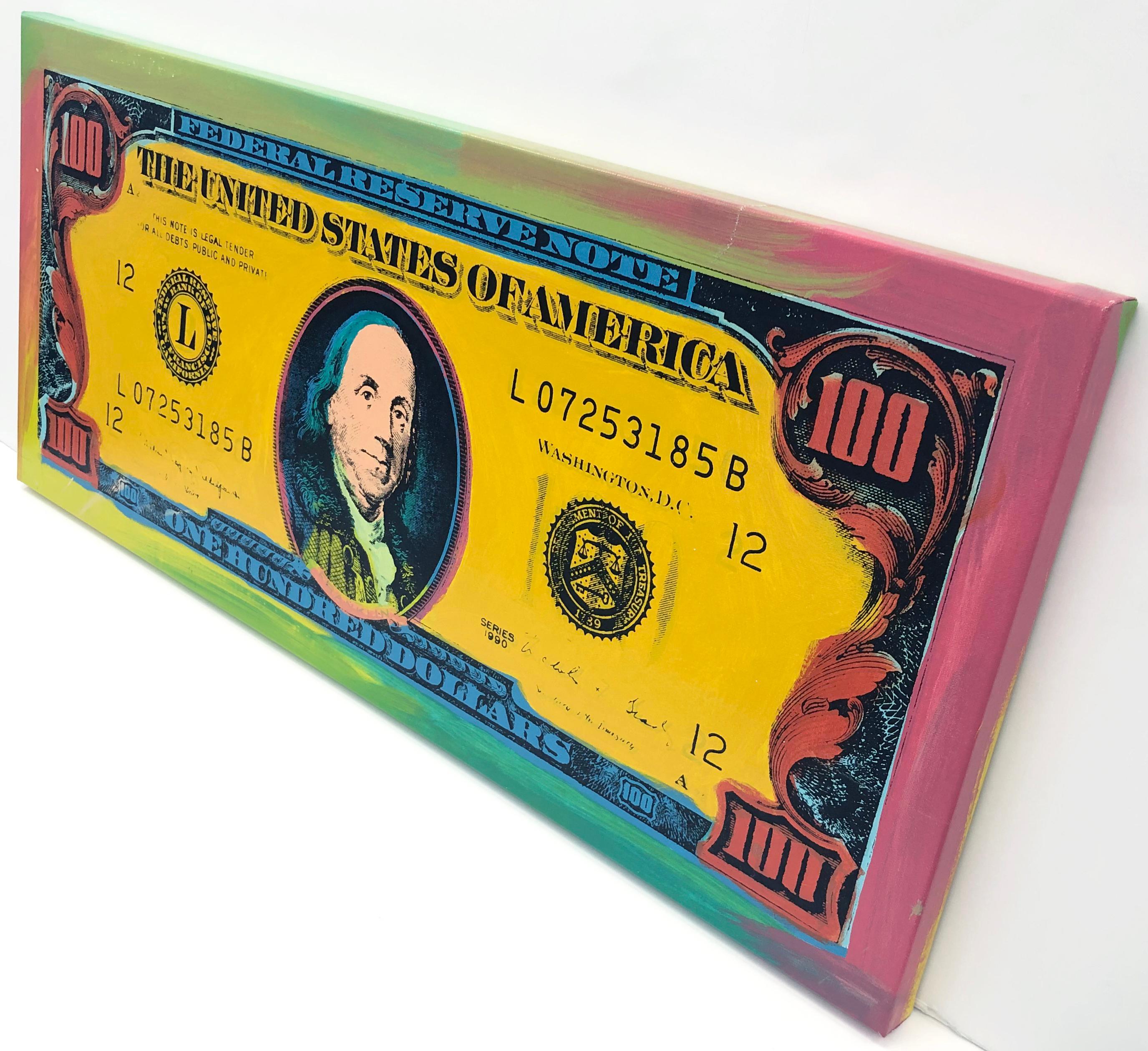 Billete de cien dólares (serigrafía única pintada a mano sobre lienzo) - Painting de Steve Kaufman
