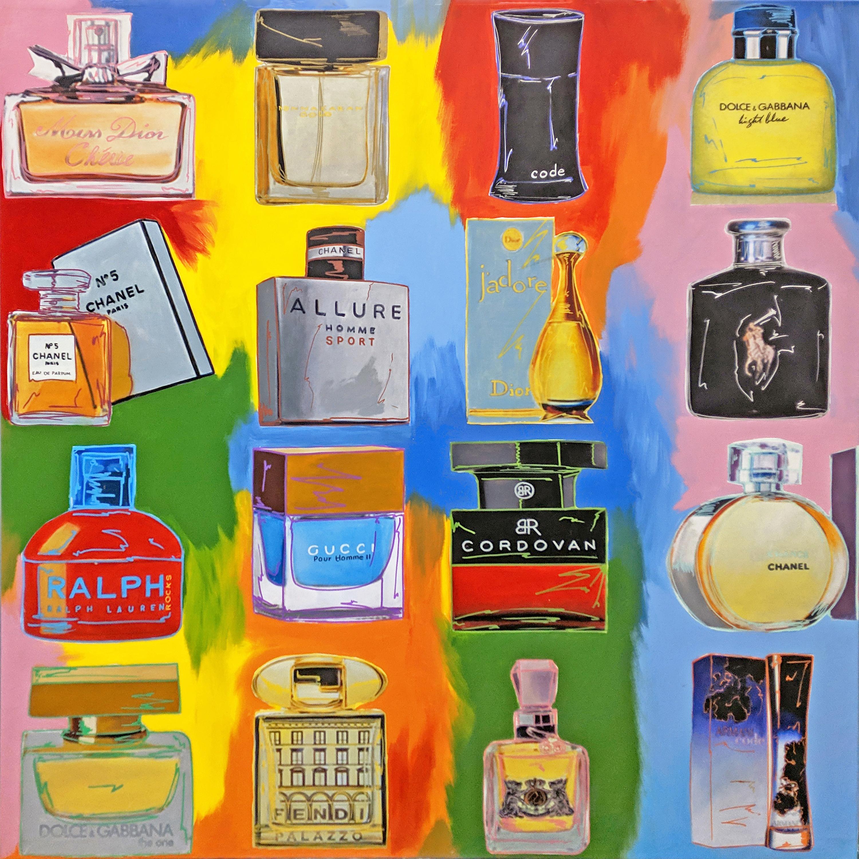 Steve Kaufman Still-Life Painting - PERFUME! COLLAGE - 16 BOTTLES