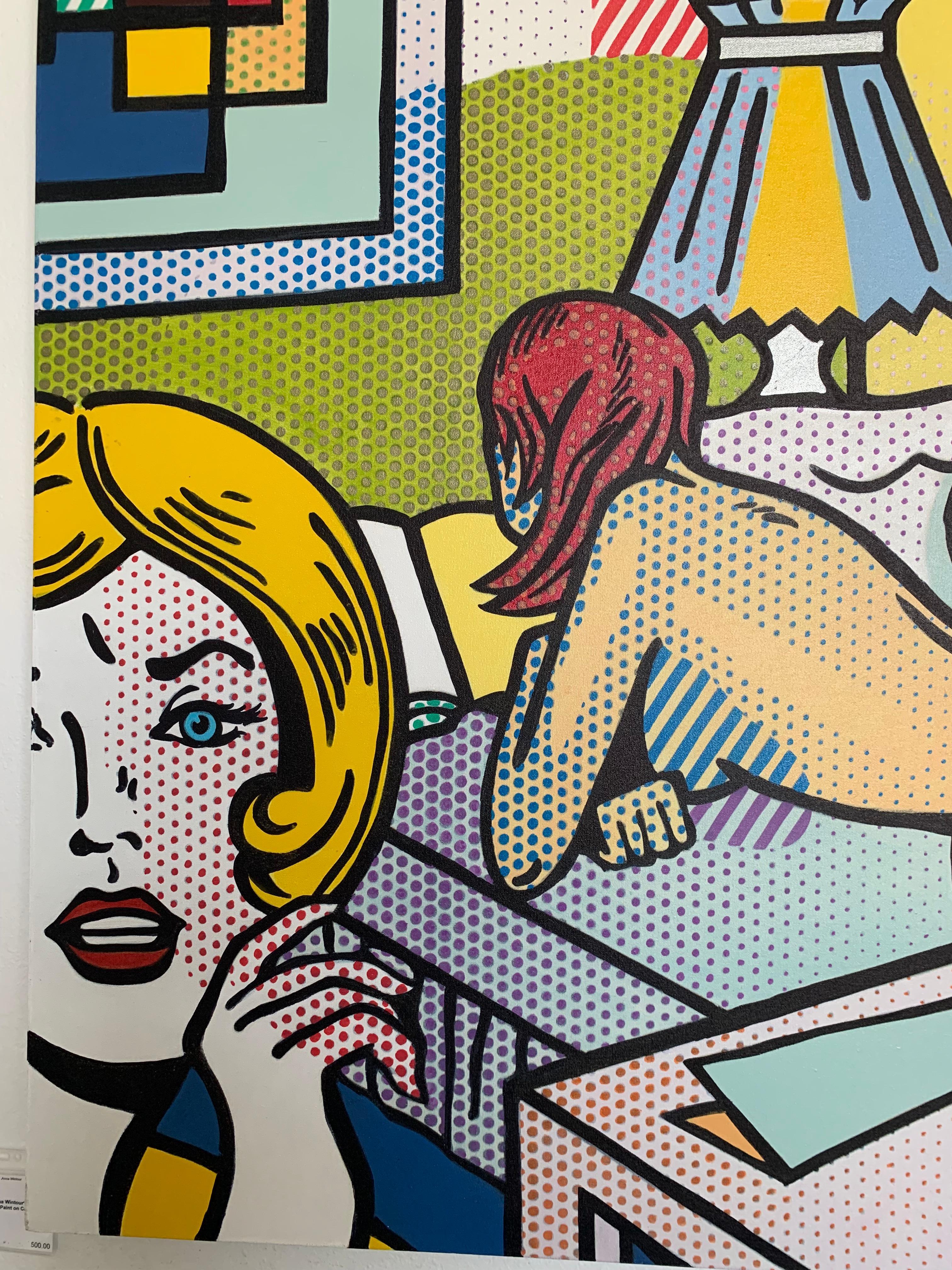 ROOMMATE, OMAGGIO A LICHTENSTEIN Olio originale dipinto a mano su tela Serigrafia - Figurative Painting Grigio di Steve Kaufman