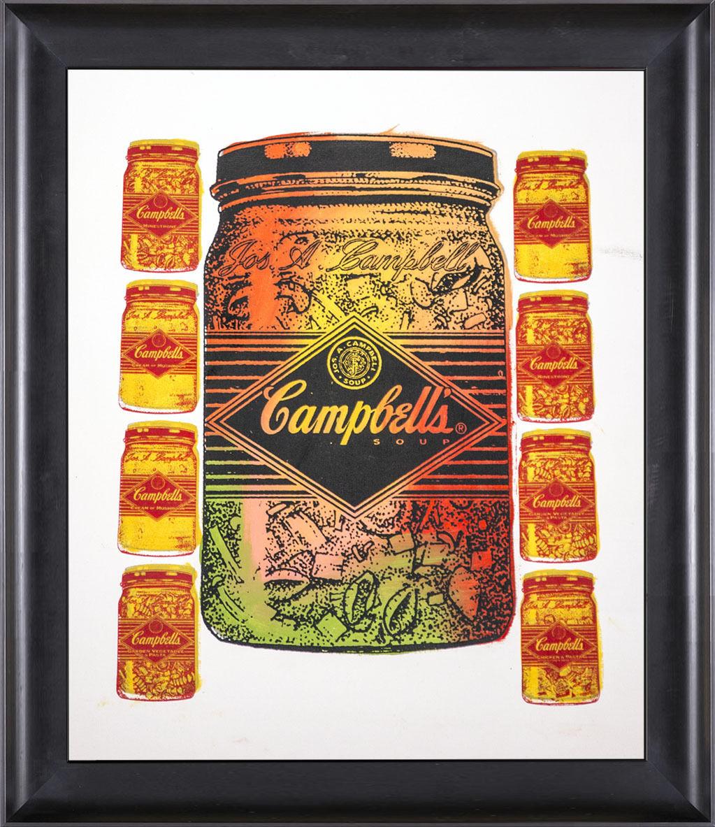 Artist: Steve Kaufman
Title: Campbells Soup
Medium: Original Oil Painting on Screen print Canvas
Size: 17" x 26.5"
Size Framed: Currently not Framed.  Photos Generated to give you an idea
Edition size: 50/50 TP
Signed by the Artist

The piece comes