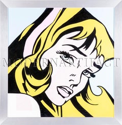 Vintage Steve Kaufman Crying Girl Large Original Oil Painting Hommage to Lichtenstein