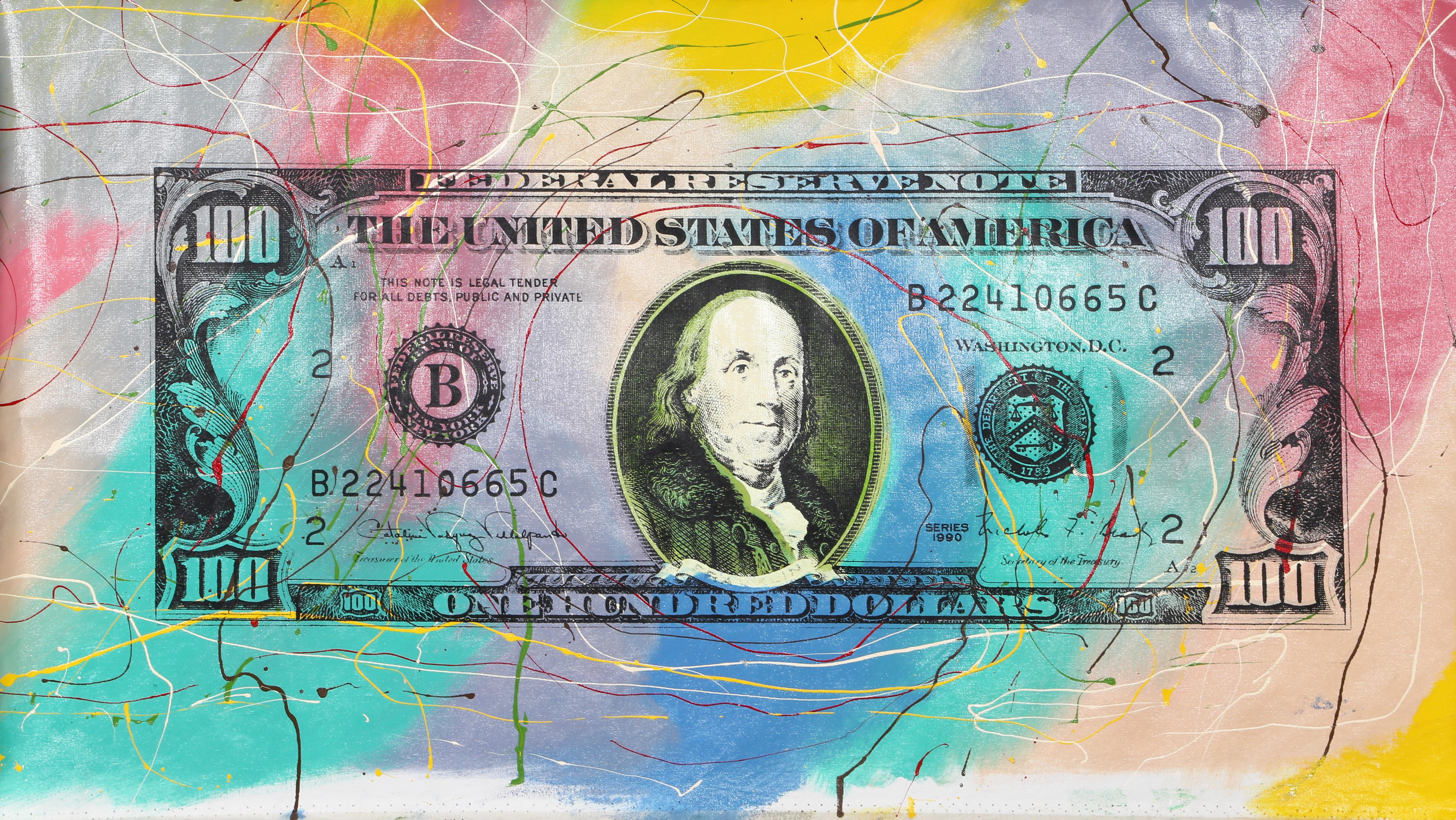 A Pop Art screenprint composition on canvas by Steve Kaufman. This bright work features an image of the US one hundred dollar bill on the face side, showing an image of Benjamin Franklin. The piece is signed and numbered in marker on the