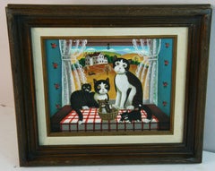 Dipinto a olio raffigurante una famiglia di gatti in stile primitivo americano
