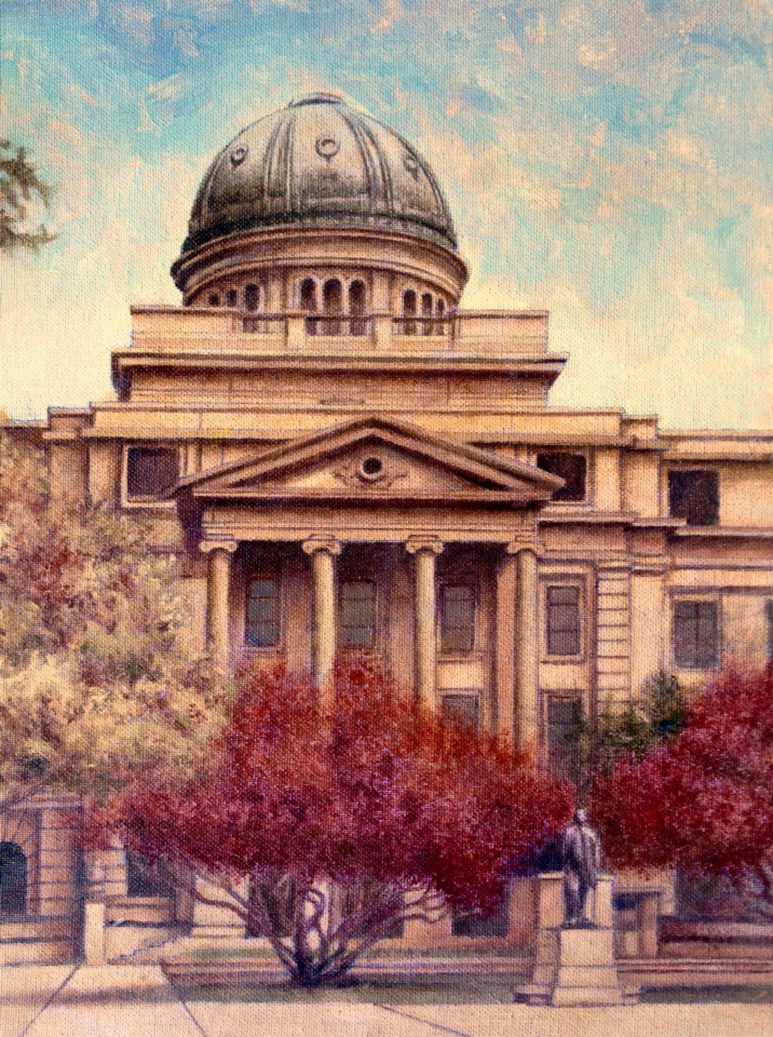 The well known Academic Building on the campus of Texas A&M university.  Oil on canvas board :: Painting :: Impressionist :: This piece comes with an official certificate of authenticity signed by the artist :: Ready to Hang: Yes :: Signed: Yes ::