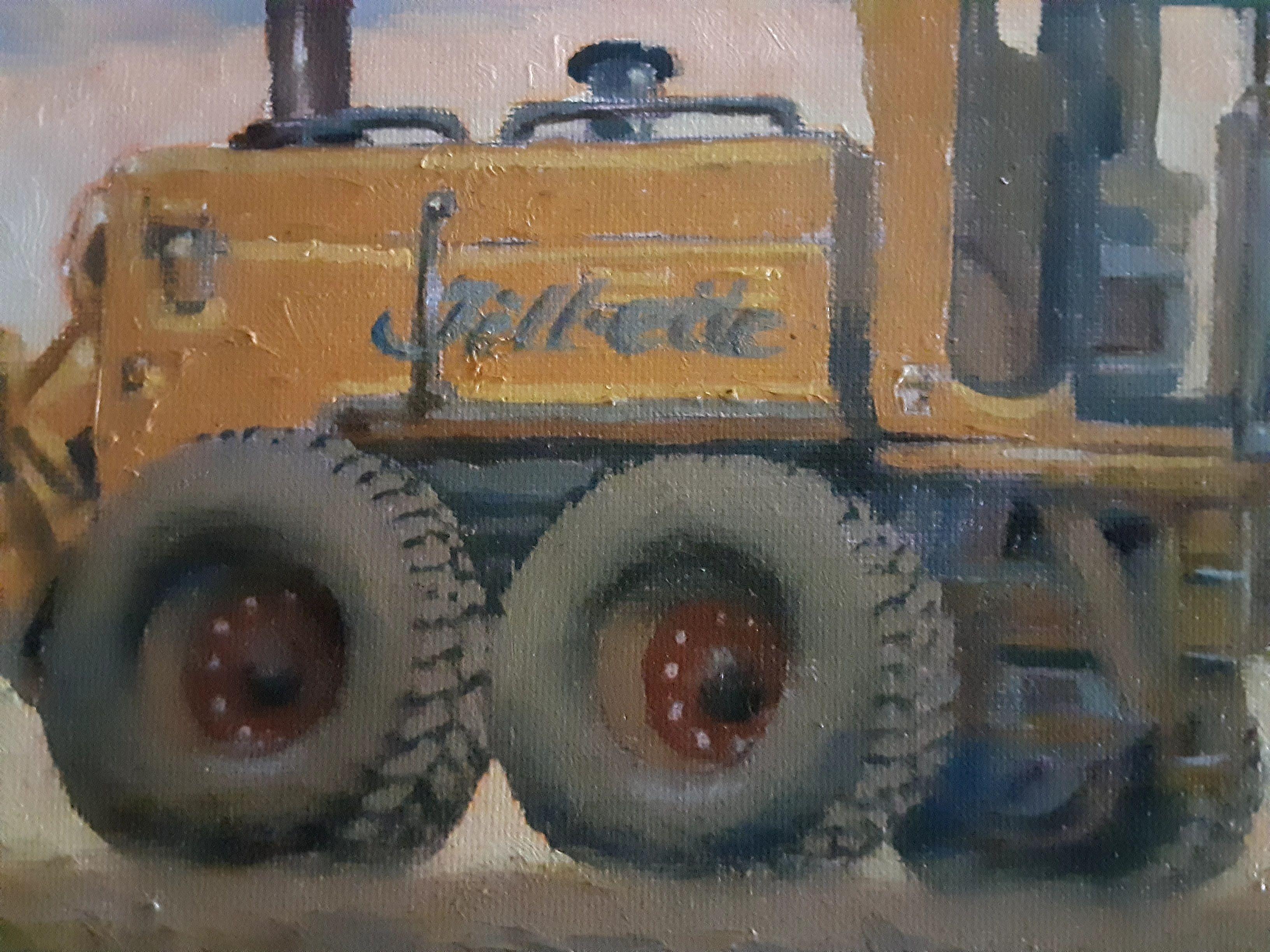 Livellatrice stradale Caterpillar al minimo sotto il sole della sera in Texas, dopo una lunga giornata di lavoro :: Pittura :: Illustrazione :: Questo pezzo viene fornito con un certificato ufficiale di autenticità firmato dall'artista :: Pronto da
