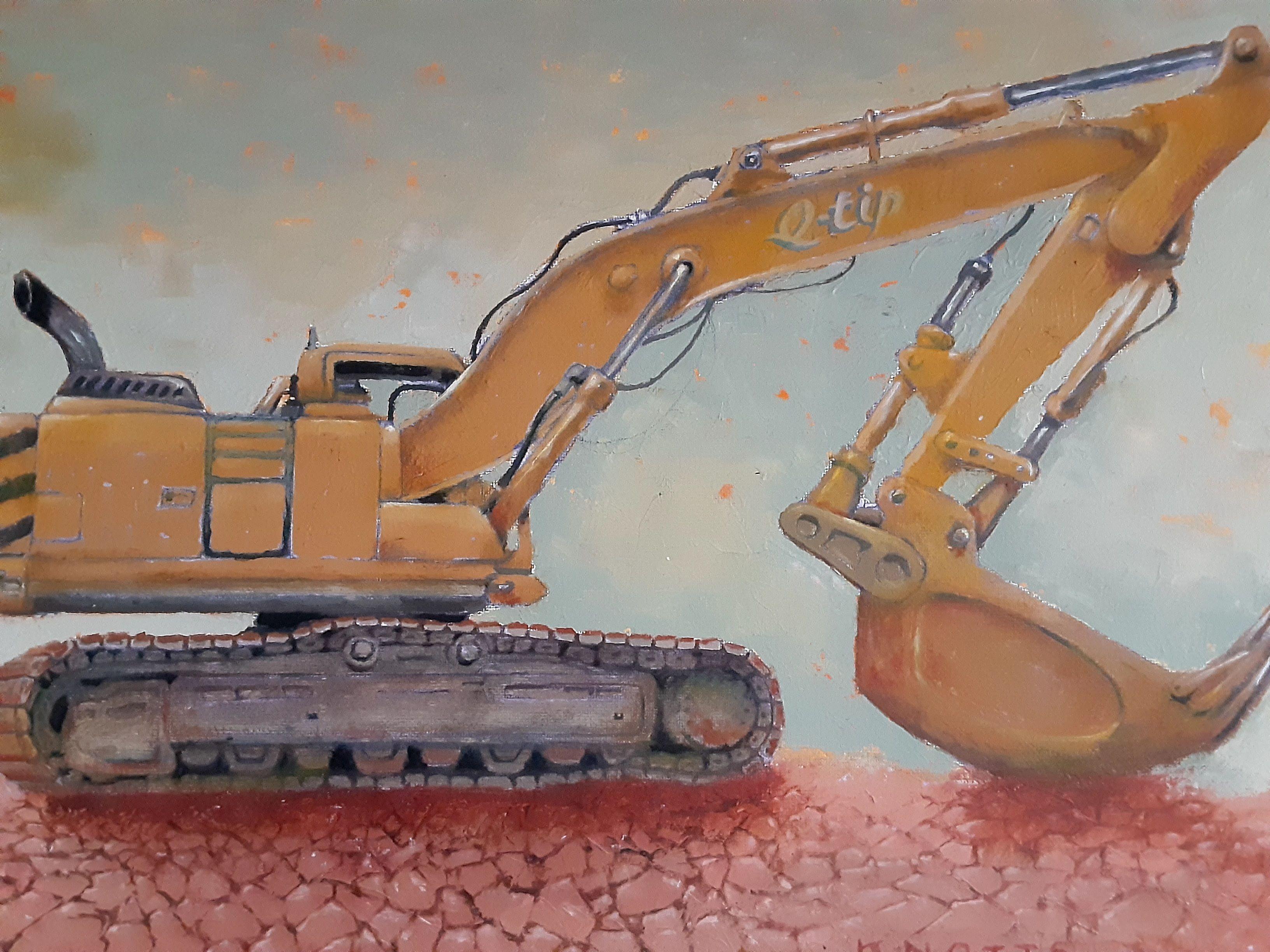 Schizzo a olio di una pala da cantiere pesante che lavora ad Austin in una calda giornata in Texas :: Pittura :: Americana :: Questo pezzo viene fornito con un certificato ufficiale di autenticità firmato dall'artista :: Pronto da appendere: Yes ::