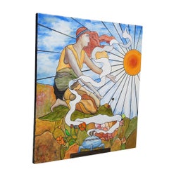 Steve Knowls Art Nouveau Oil Painting After Tiffany's Woman Greeting the Sun 26"