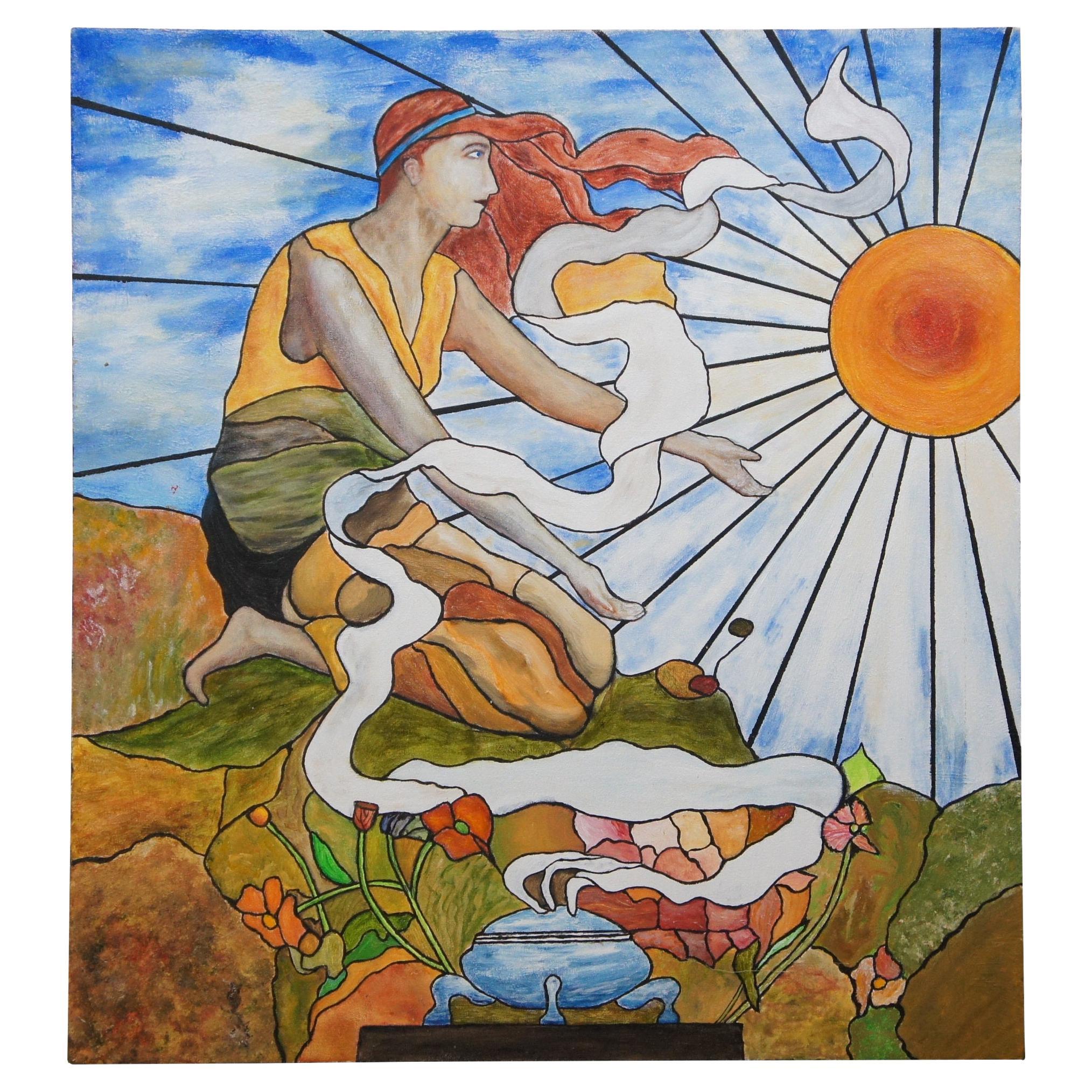 Steve Knowls Art Nouveau Oil Painting After Tiffany's Woman Greeting the Sun 26"