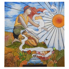 Steve Knowls Art Nouveau Oil Painting After Tiffany's Woman Greeting the Sun 26"
