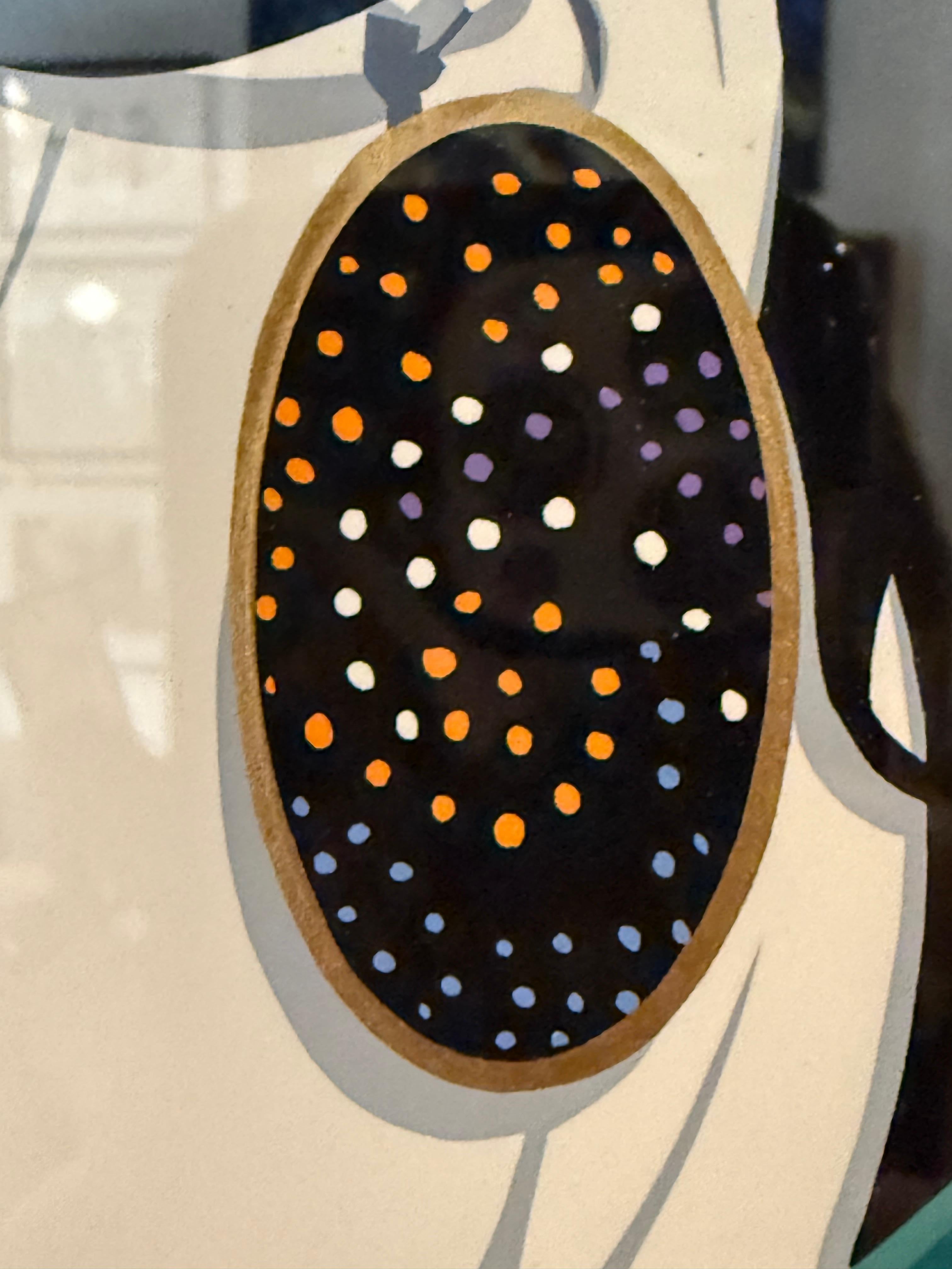 Serigraph on paper
Signed lower right

Description
A striking fusion of fashion illustration, graphic precision, and cinematic poise, this serigraph exemplifies Leal’s unmistakable command of line and color. The figure—poised mid-gesture, with a