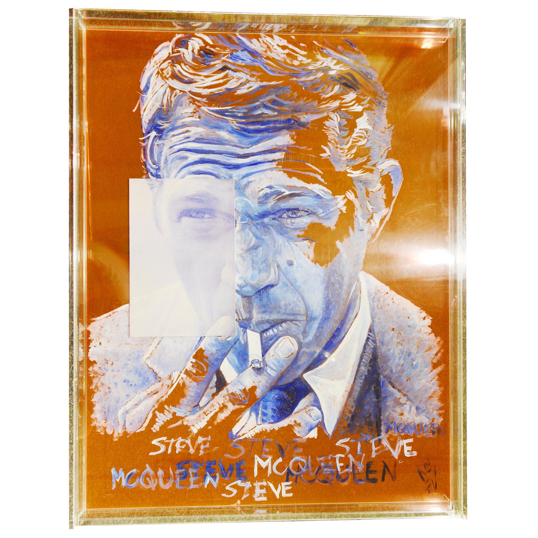 Table basse Steve Mc Queen avec structure en plexiglas 
qui encadre et protège une peinture à l'huile unique, ainsi qu'un système d'éclairage intégré. 
photographie Steve Mc Queen, par l'artiste française Natasha TOUTAIN.