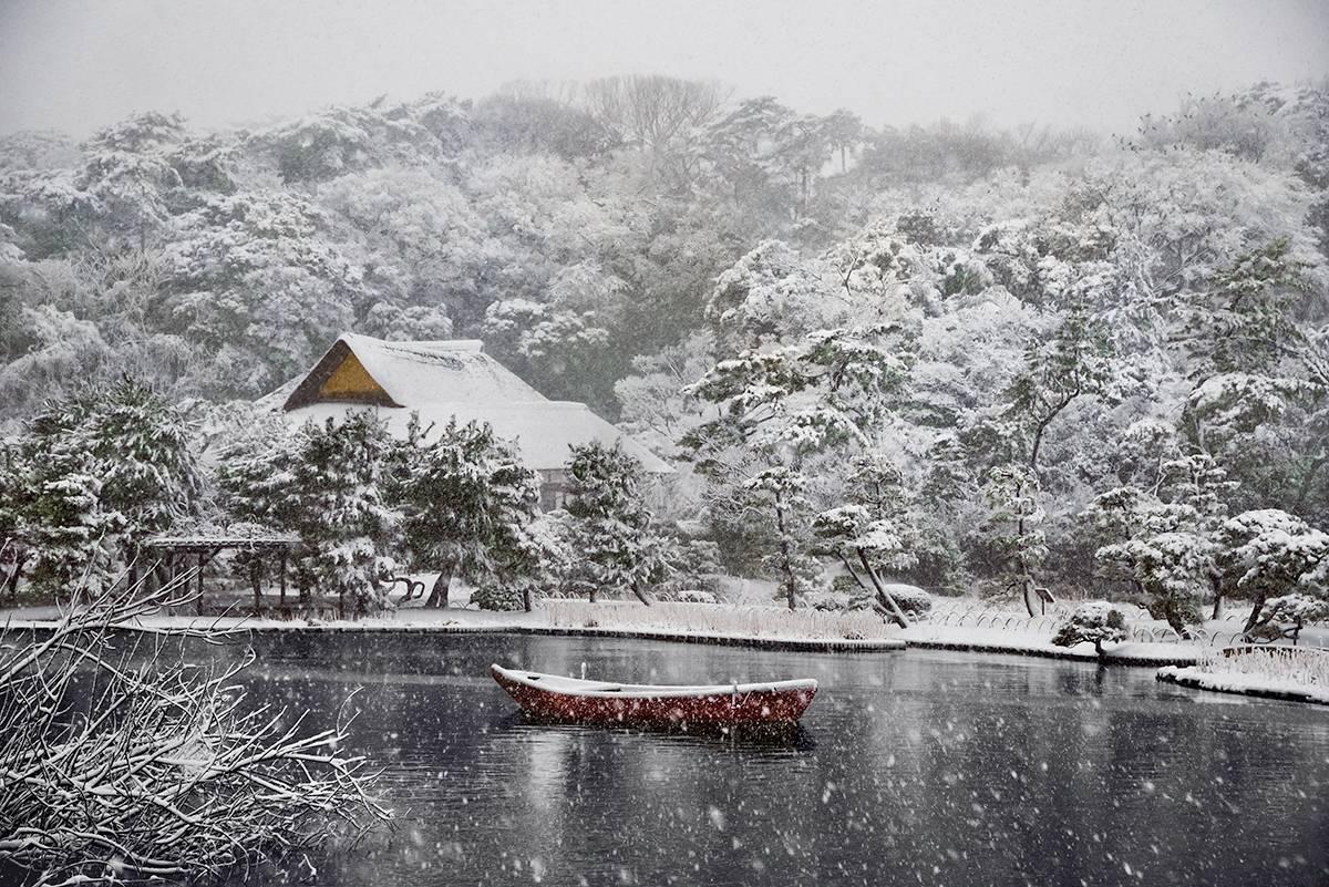 Boat Covered in Snow in Sankei-en Garden, Yokohama, Japan