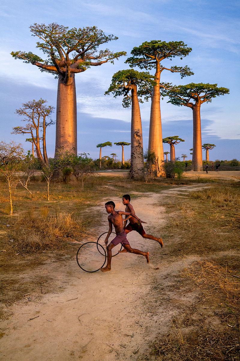 Figurative Photograph de Steve McCurry - Niños juegan con aros - National Geographic, Madagascar, Niños, Árboles
