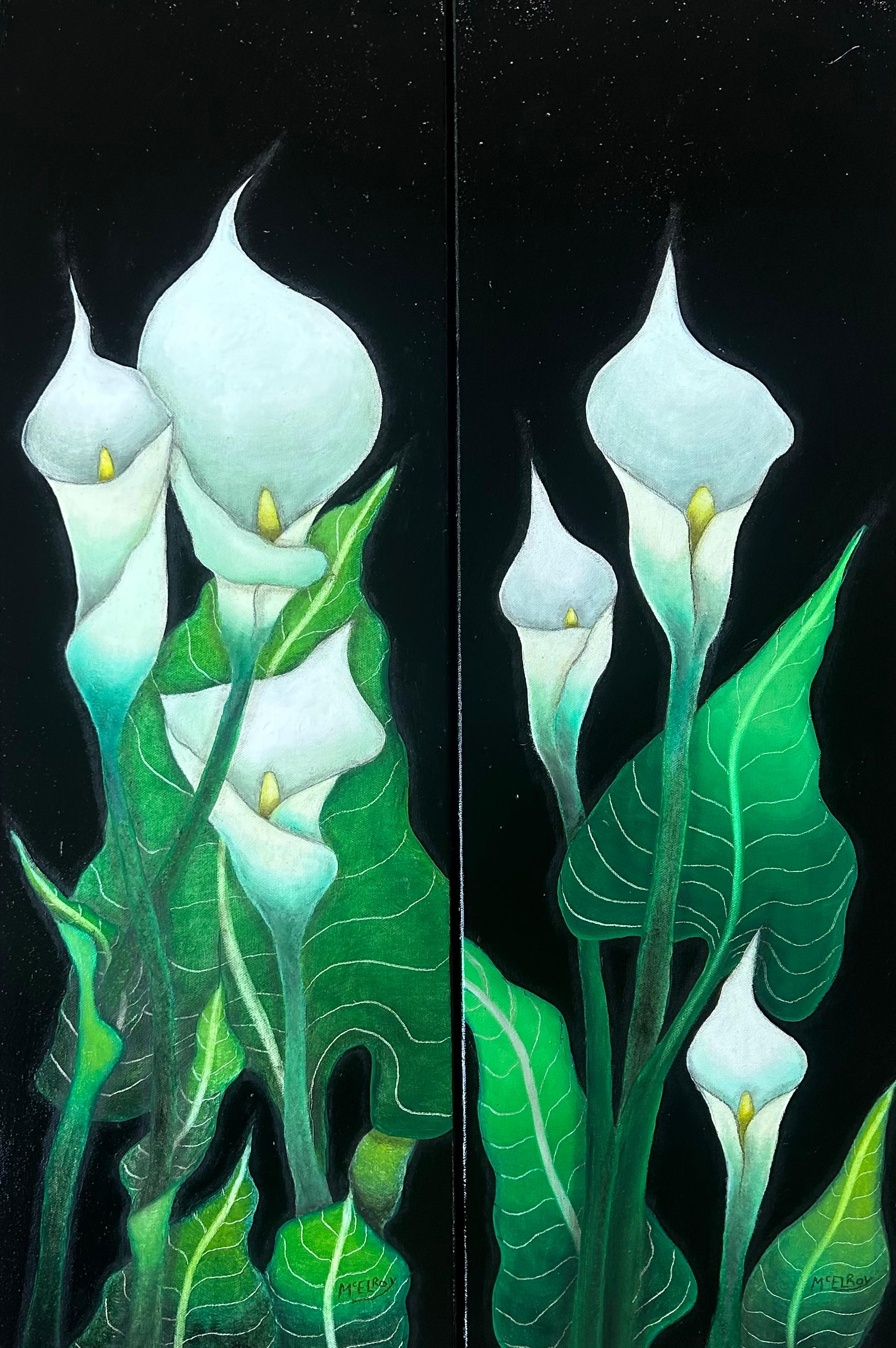 "Beauty of the Calla Lilies: La Beaute du Lys" 1 and 2 by Steve McElroy.   Only the finest materials were used to create this elegant pair of 10 x 30 inch coordinated original oil paintings.  

Calla Lilies have long represented elegance and