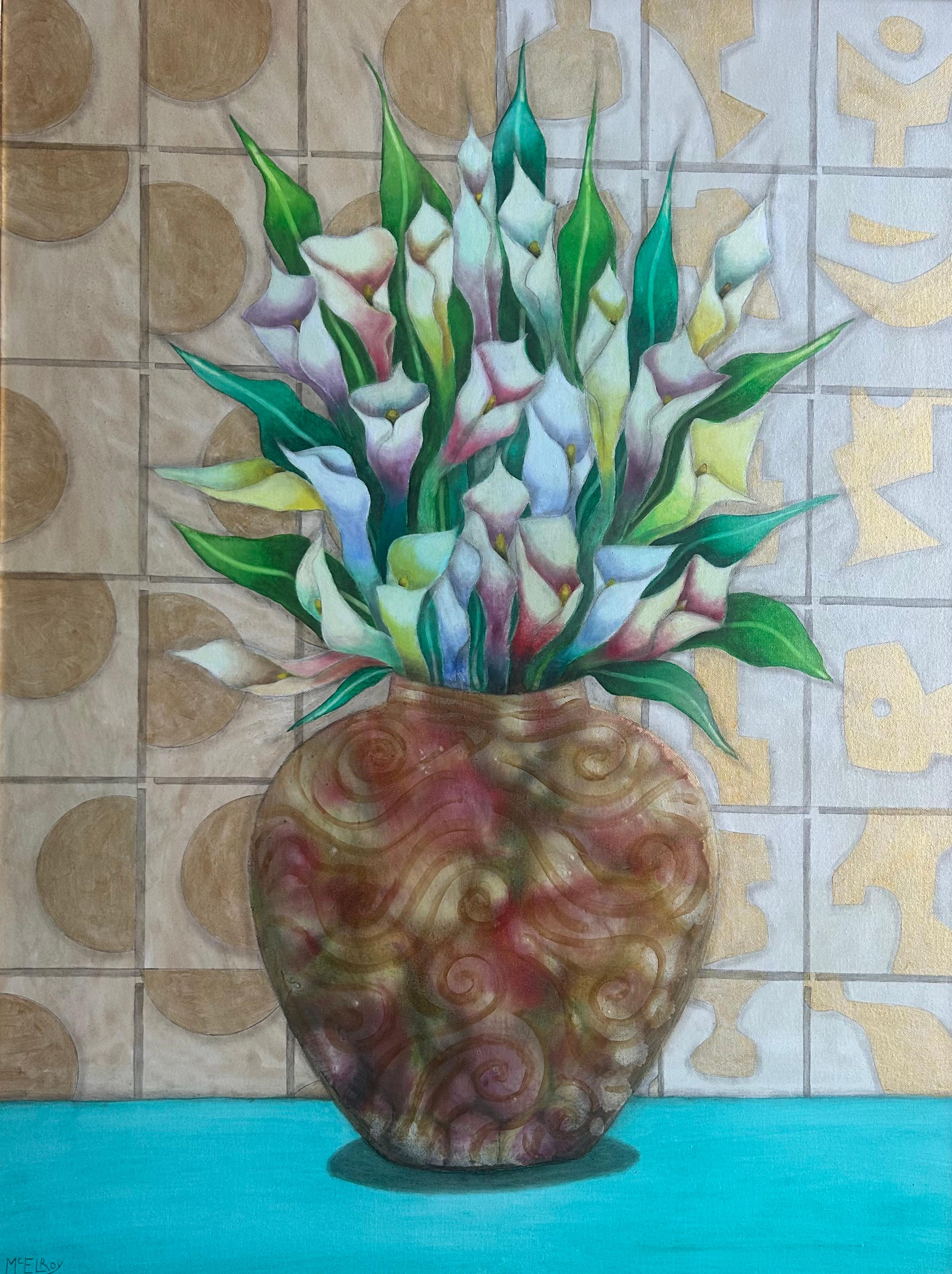 "Calla Lilies in a Tiffany Favrile Vase" by Steve McElroy.  This oil on canvas original painting is signed front and back.  It is delivered framed in a textured gold frame created by the artist.  The canvas size is 30 x 40 Inches and in the frame it
