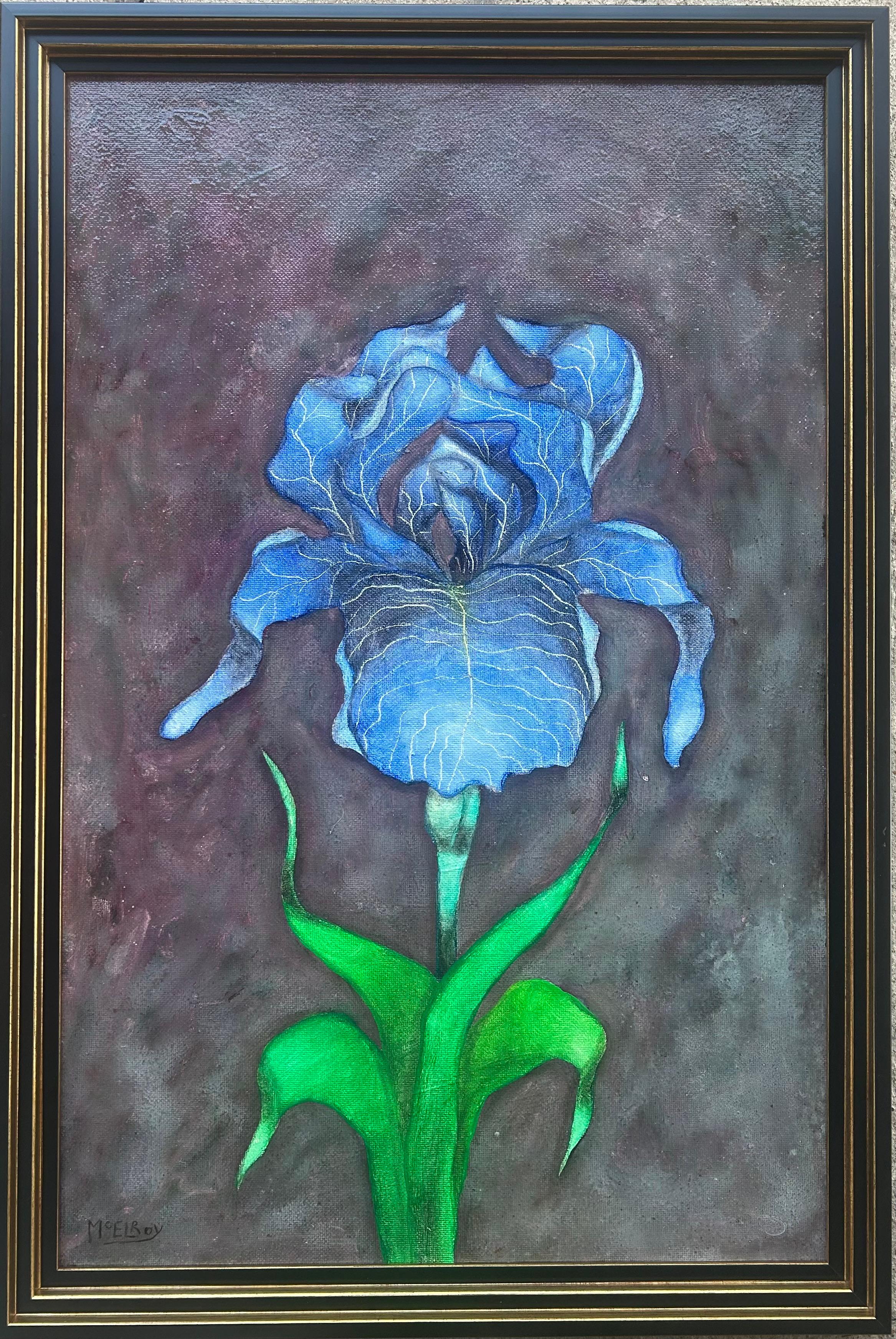 "The Blue Iris" Originalöl auf strukturierter Tafel des bekannten Künstlers Steve McElroy.  Suchen Sie seinen Namen für aktuelle Artikel, einschließlich eines brandneuen Artikels mit dem Titel Bold Journey Steve McElroy.  Außerdem ist er in der
