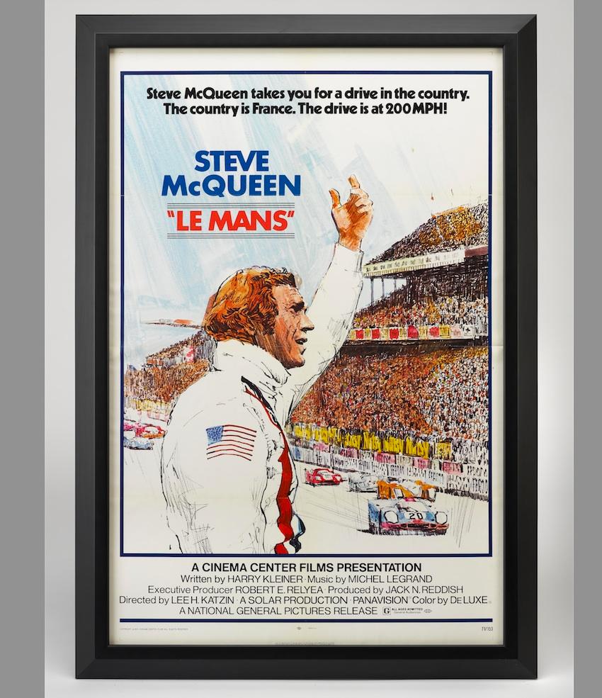 Presented is an original movie poster from 1971 for the popular Steve McQueen movie Le Mans. This color lithograph was produced in the United States by Cinema Center Films through the National Screen Service Corporation. The poster depicts Steve