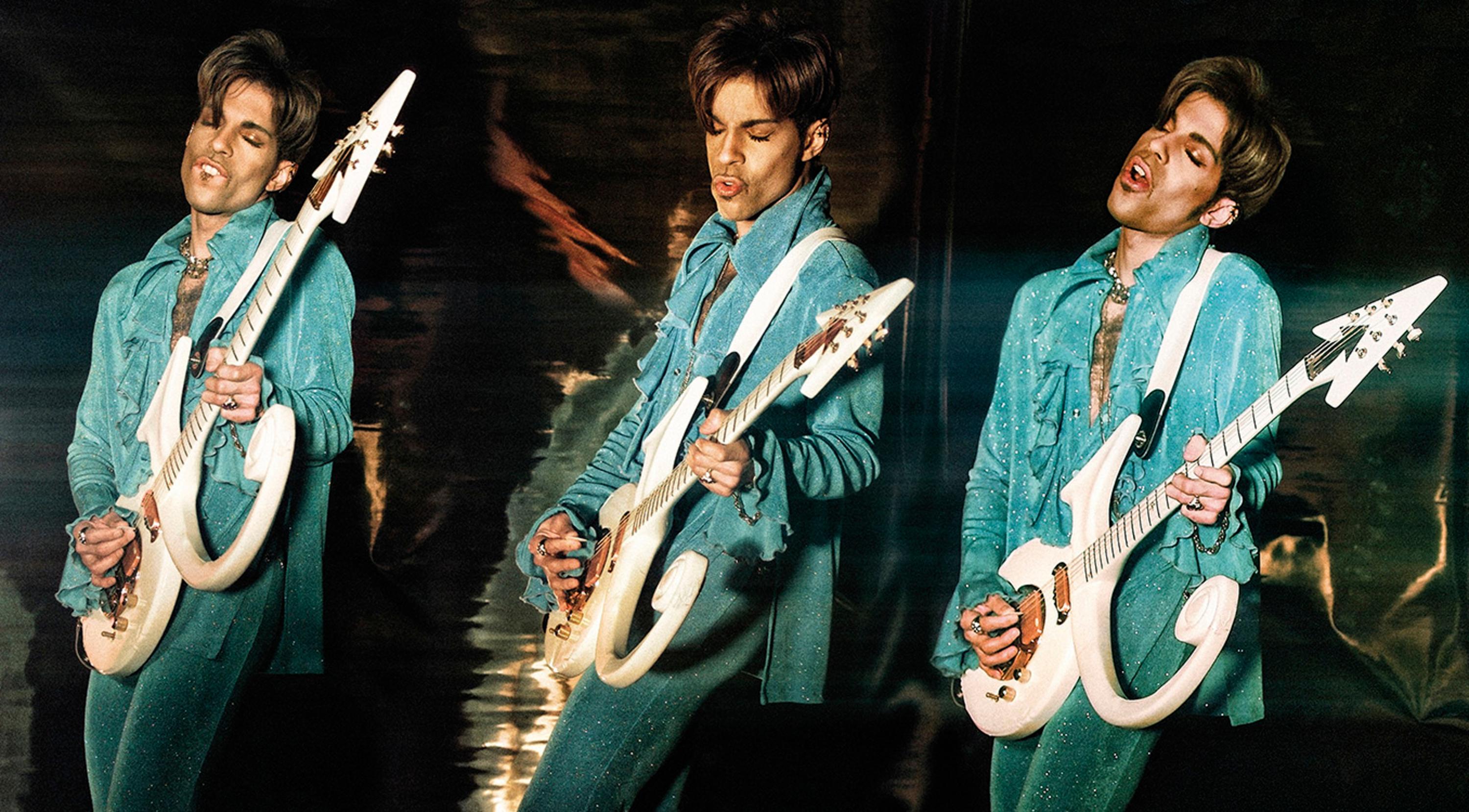 Title: Prince with Schecter White Symbol Electric Guitar

Portrait of American singer-songwriter, multi-instrumentalist and record producer, Prince.

Available sizes: 
12”x16” Edition of 25
16”x20" Edition of 25
20”x24" Edition of 25
30”x40" Edition