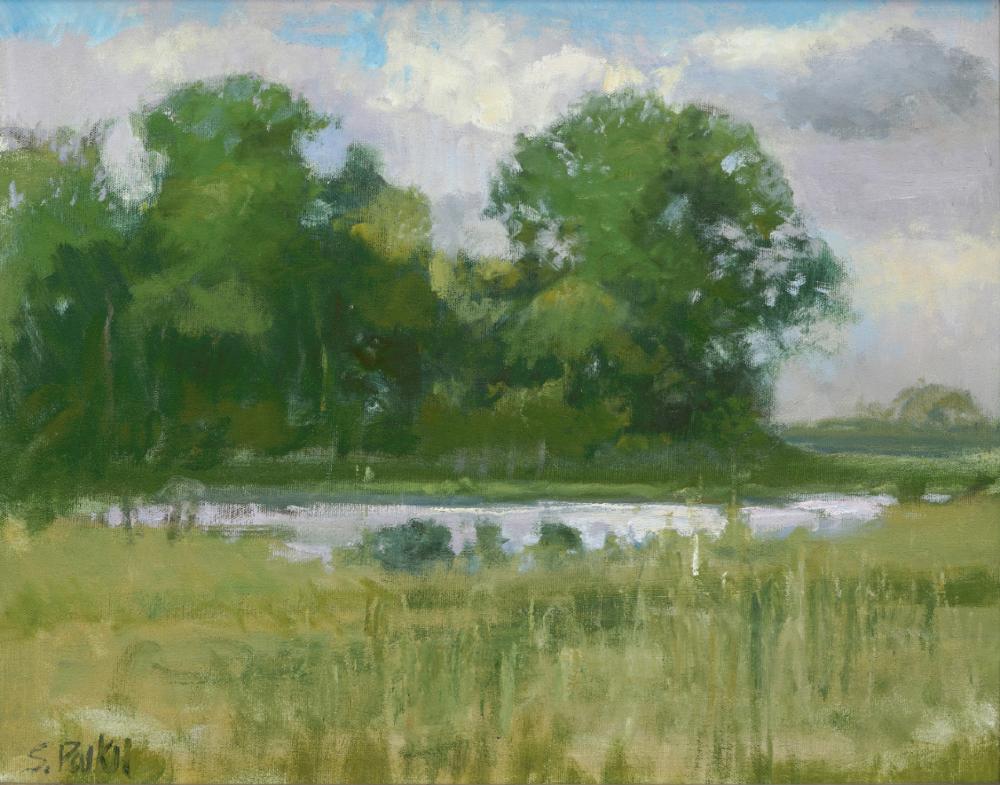 Un día en el rancho George  Paisaje de Texas Óleo Impresionismo americano - Painting de Steve Parker