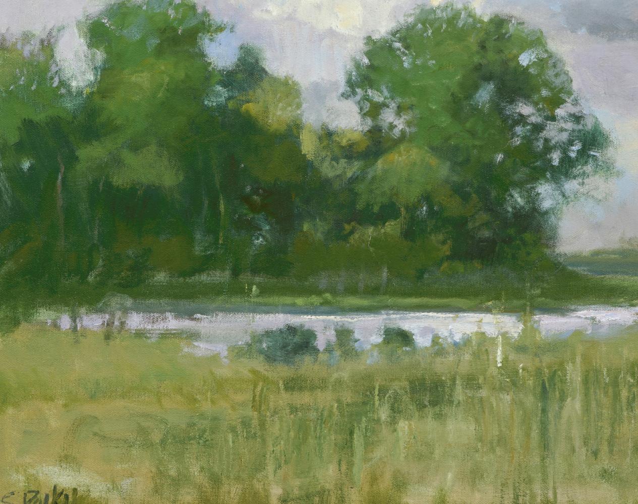 Un día en el rancho George  Paisaje de Texas Óleo Impresionismo americano - Landscape Painting Gris de Steve Parker