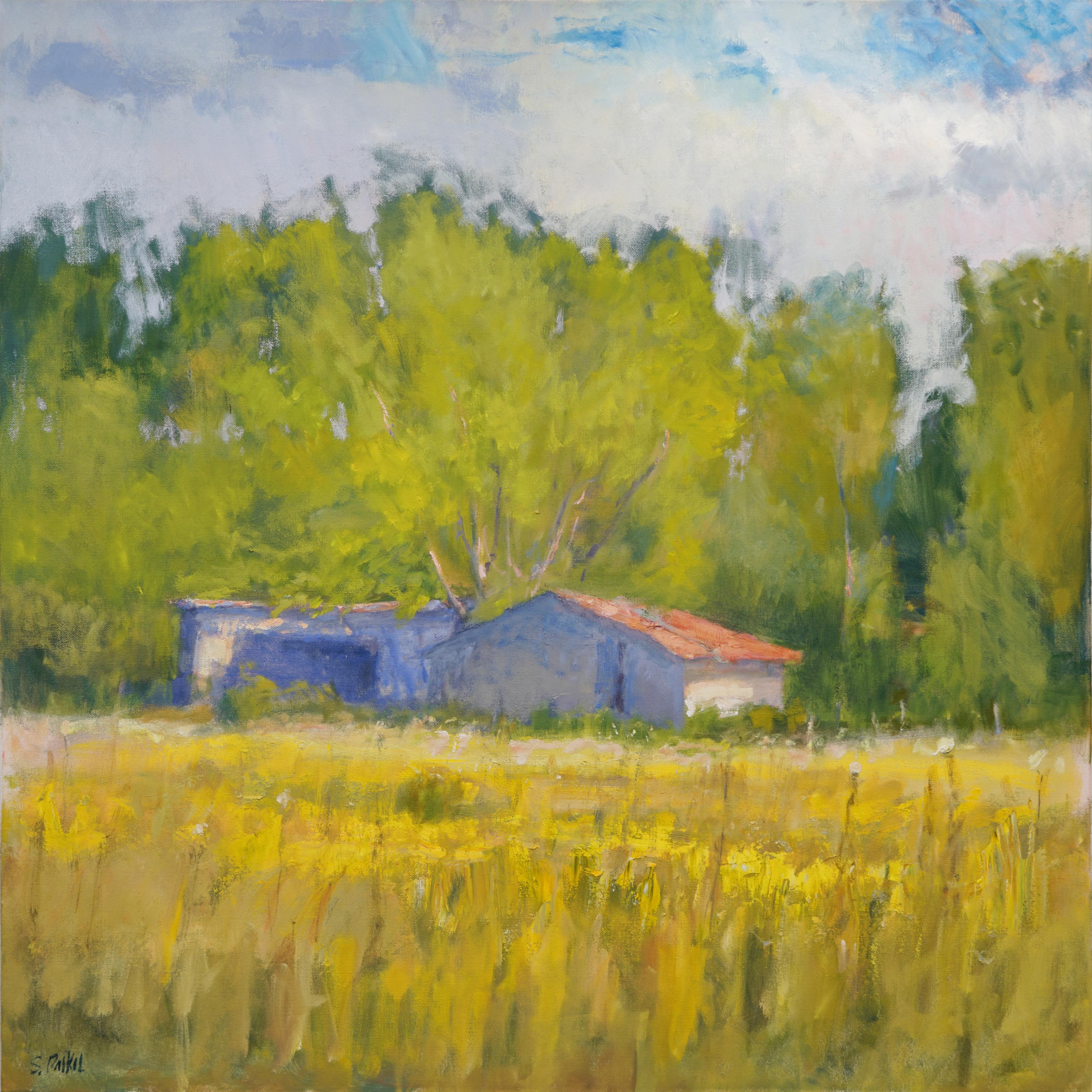 Nachmittag im texanischen Hügelland Landschaft Öl Impressionismus, Scheune, Sonne 36x36 im Angebot 1