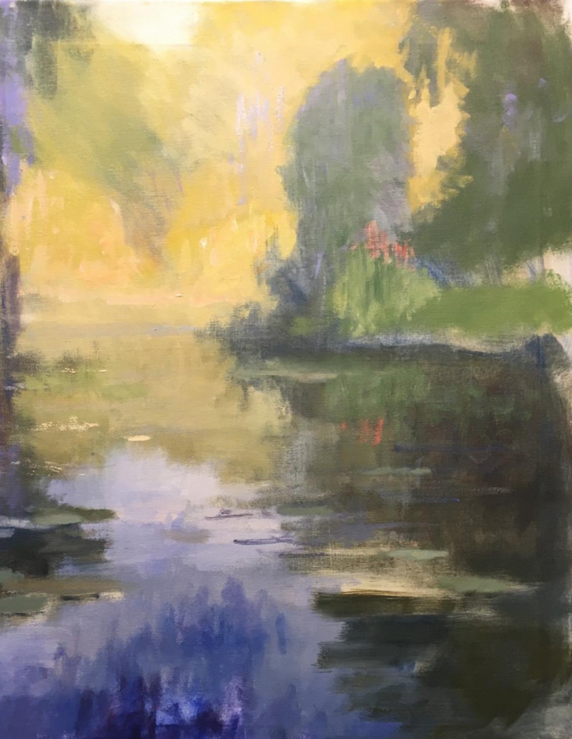 Bayou Reflections, Texas Landscape, Oil, Impressionism, Wisteria, Art League - Painting by Steve Parker