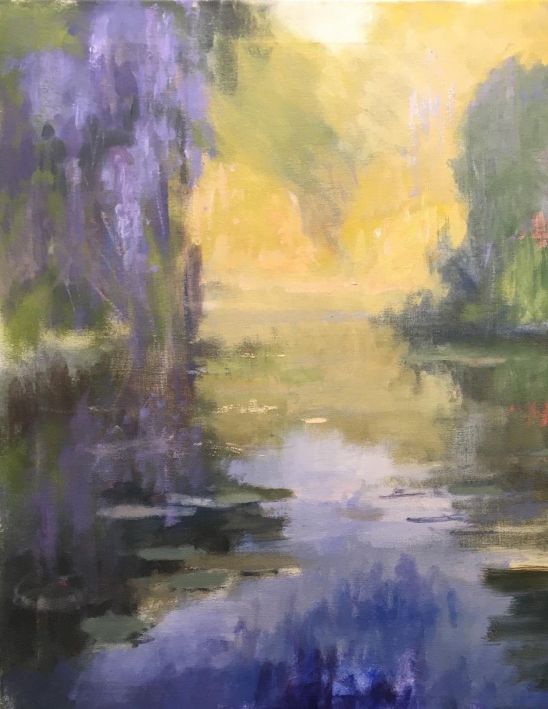 Bayou Reflections, Texas Landscape, Oil, Impressionism, Wisteria, Art League - American Impressionist Painting by Steve Parker