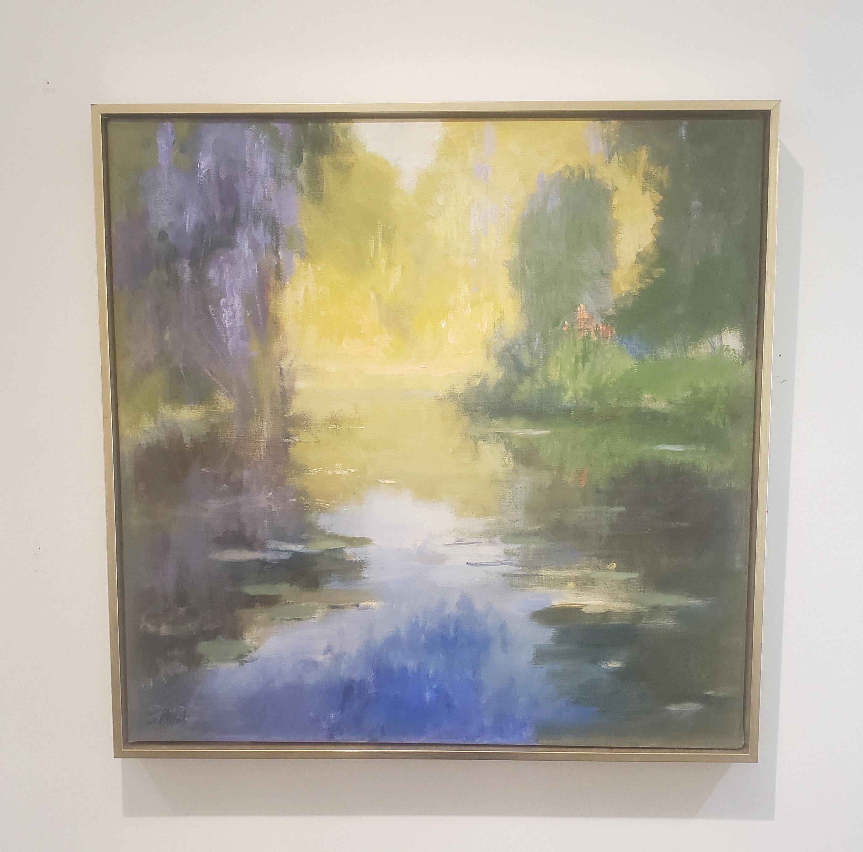 Bayou Reflections, Texas Landscape, Oil, Impressionism, Wisteria, Art League - Gray Landscape Painting by Steve Parker