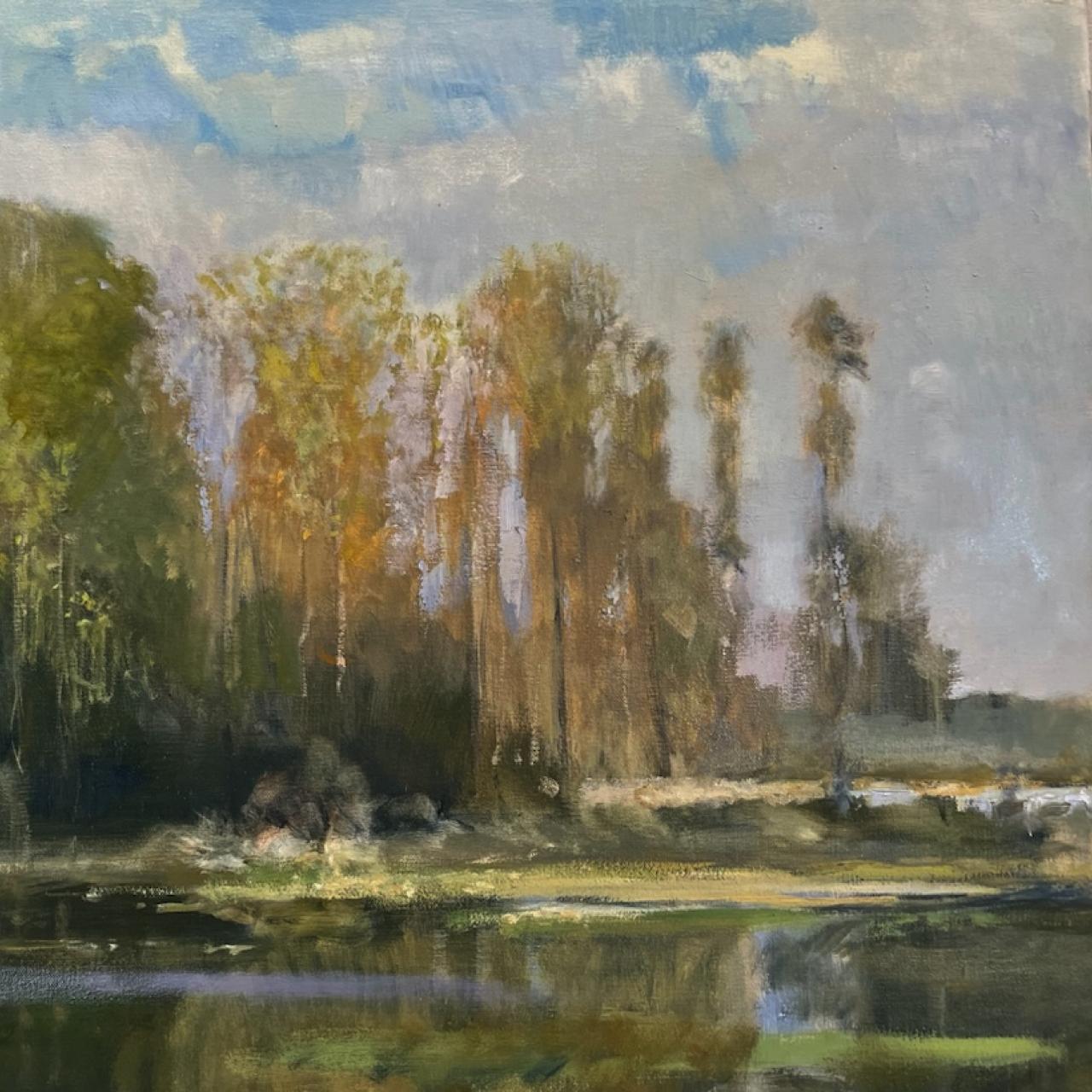 LOOK FOR FREE SHIPPING AT CHECKOUT  PRICE NEGOTIABLE
Early Spring Cove is an impressionist landscape painting that was painted on Lake Cone located in Montgomery, Texas.  Early Spring Cove  is a contemporary oil landscape painting on a 24
