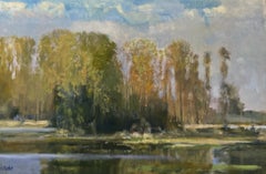 Peinture à l'huile impressionniste américaine du début de la période Spring Cove Lake Conroe Texas Landscape 