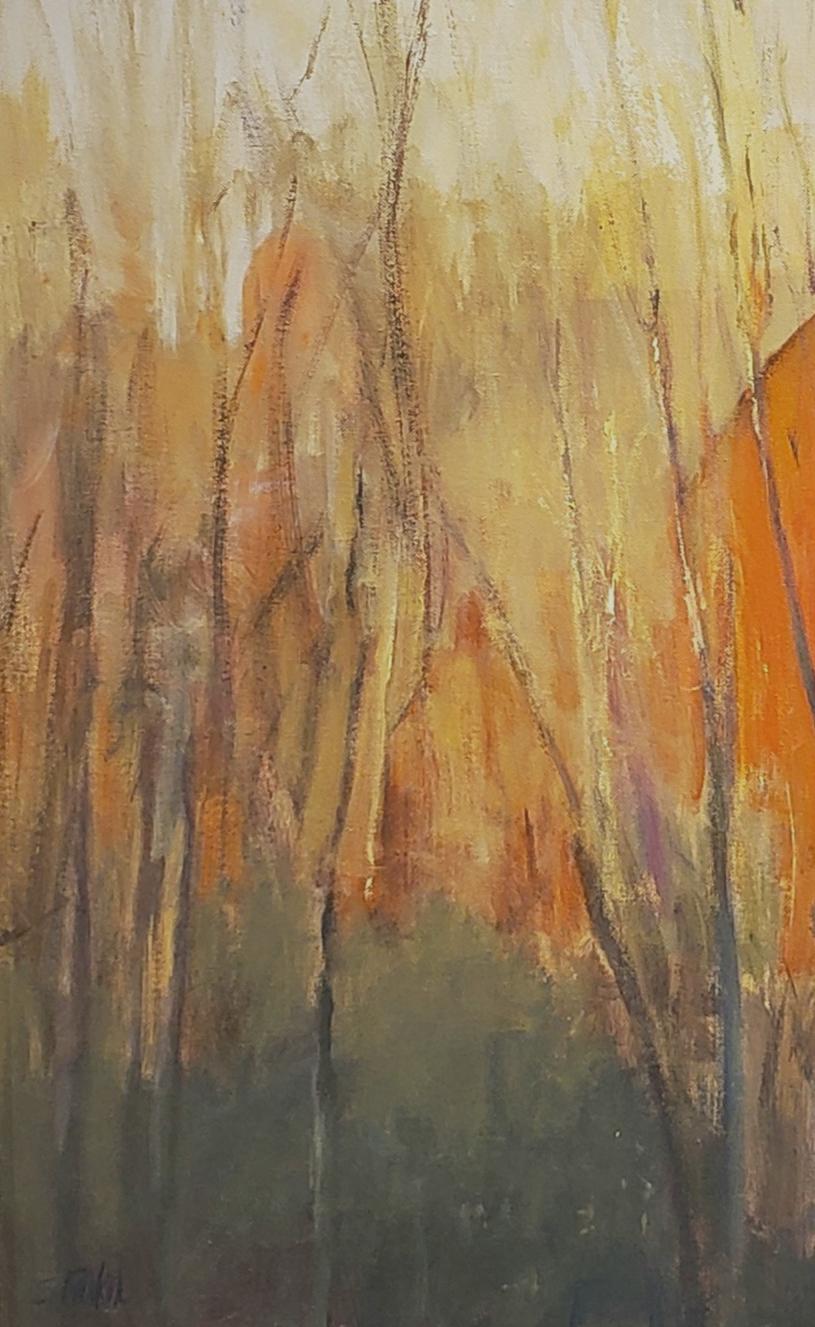 Hidden Barn est un paysage contemporain peint à l'huile sur toile 24 x 24.  de l'artiste texan Steve Parker qui traduit sa compréhension de la  Les paysages du Texas et l'utilisation d'arbres et de granges indigènes. Hidden Barn est  une peinture