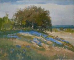 Old Oak at the Fence Line, Oil, Weimar Texas, Impressionism, Bluebonnets, Hill