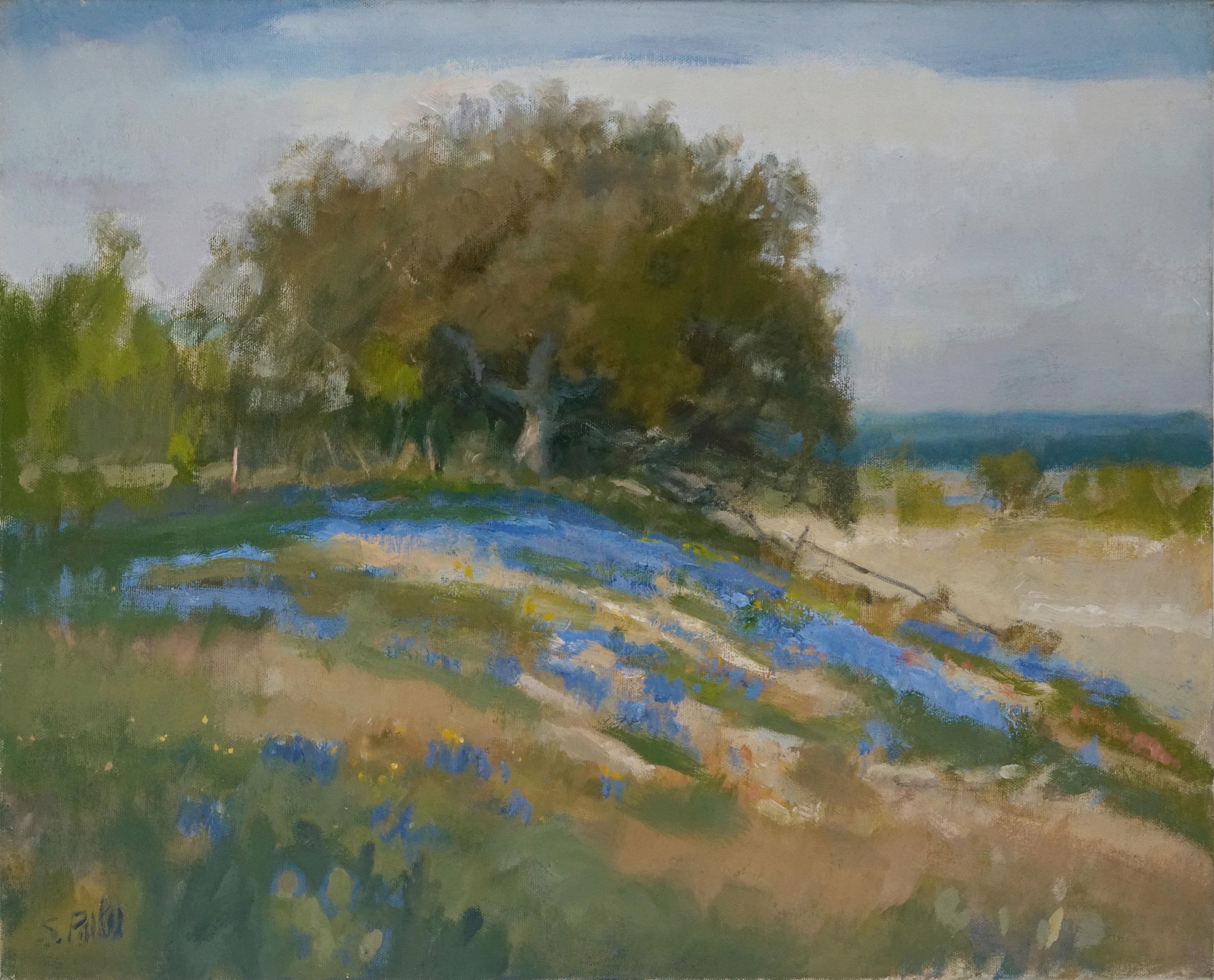 Steve Parker Landscape Painting -  Old Oak at the Fence Line, Oil, Weimar Texas, Impressionism, Bluebonnets, Hill 