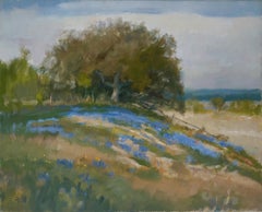  Old Oak at the Fence Line, Oil, Weimar Texas, Impressionism, Bluebonnets, Hill 