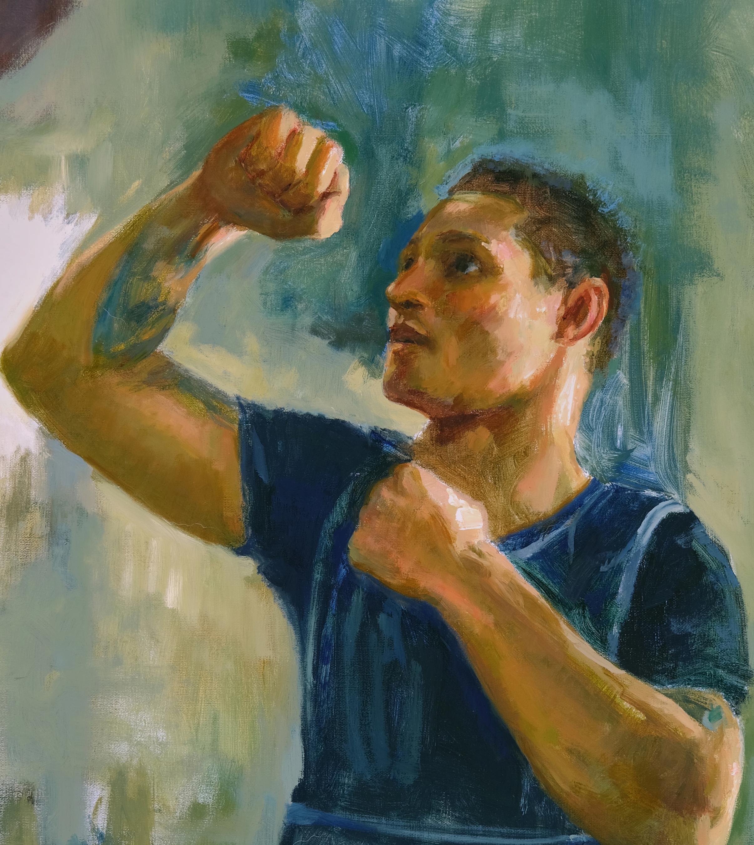 Regis Regy, pro-boxeur, huile, impressionniste contemporaine,  Boxe, Sports - Impressionnisme américain Painting par Steve Parker