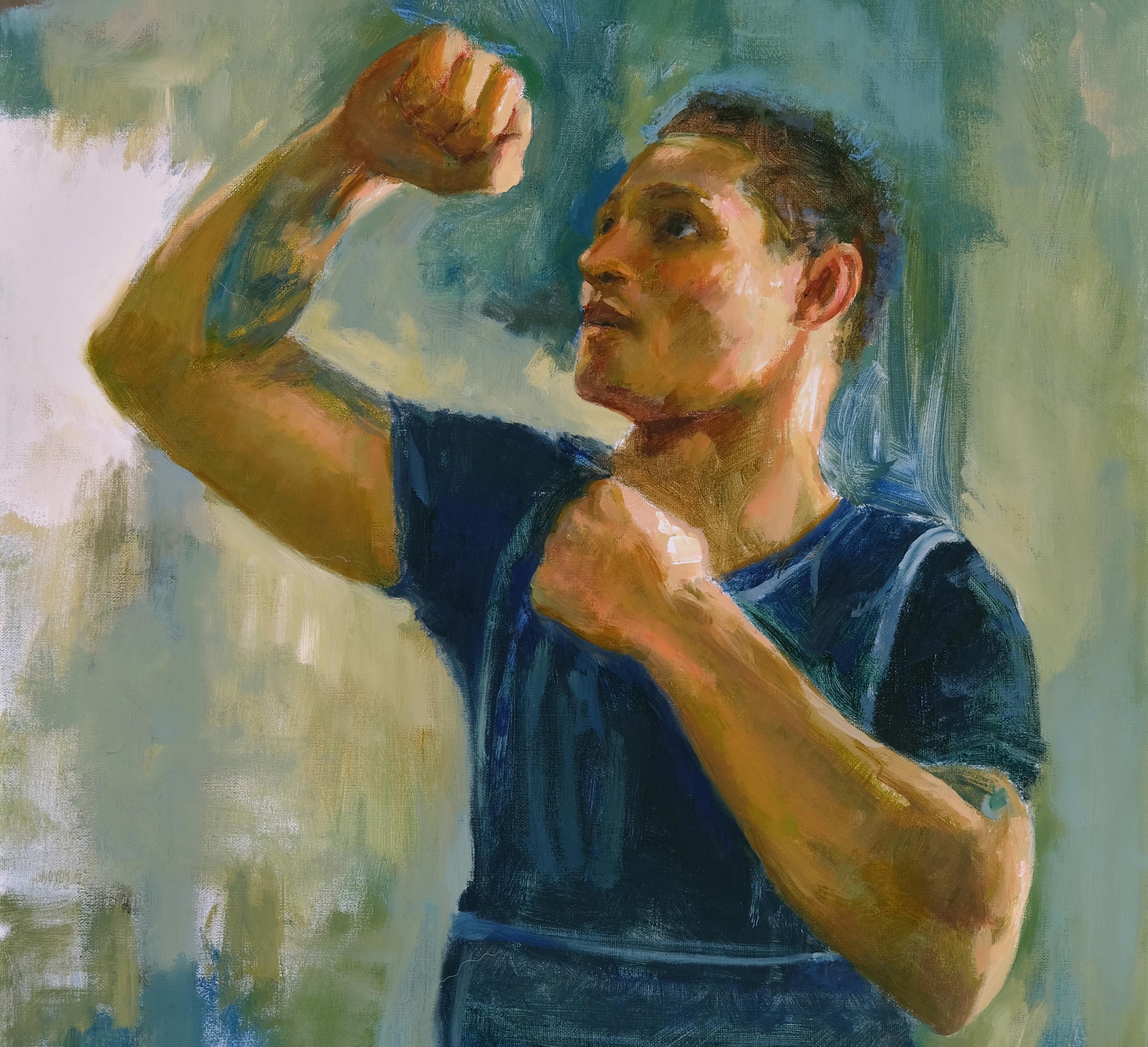 Regis Regy, pro-boxeur, huile, impressionniste contemporaine,  Boxe, Sports - Gris Portrait Painting par Steve Parker