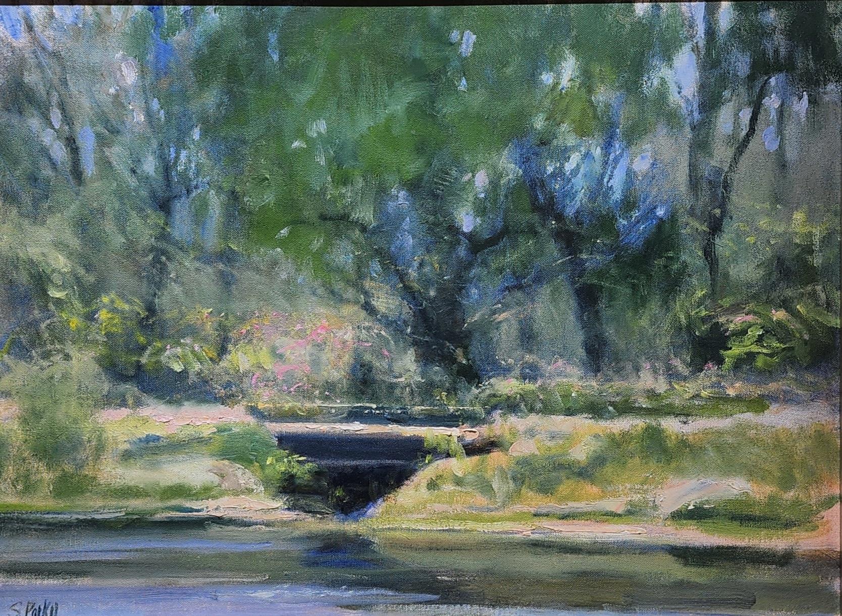 Ponte di primavera, dipinto a olio, con cornice, Rosharon Ranch, Texas Spedizione gratuita - Landscape Painting Grigio di Steve Parker