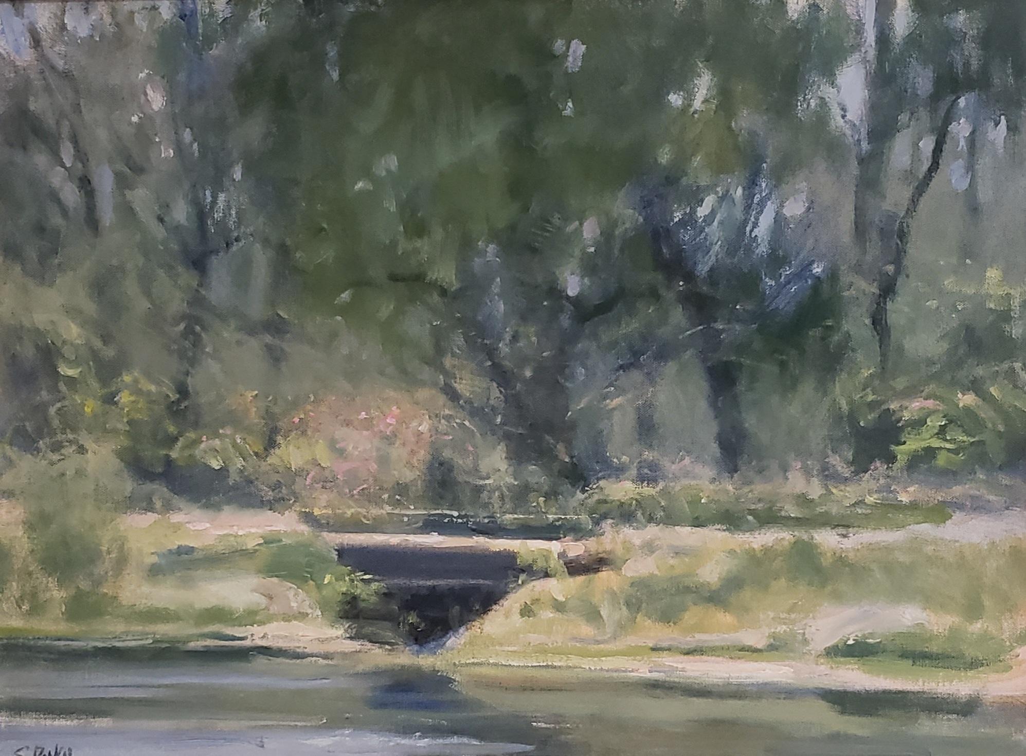 Spring Bridge, Oil Painting , Framed, Rosharon Ranch, Texas Free Shipping - Gray Landscape Painting by Steve Parker
