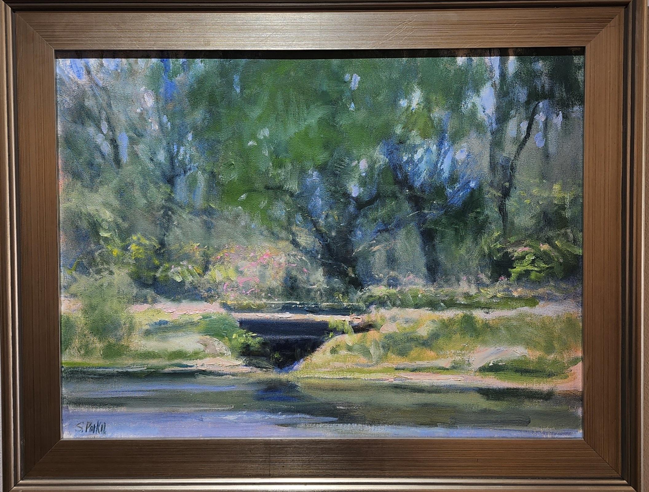 Steve Parker Landscape Painting - Spring Bridge, Oil Painting , Framed, Rosharon Ranch, Texas Free Shipping