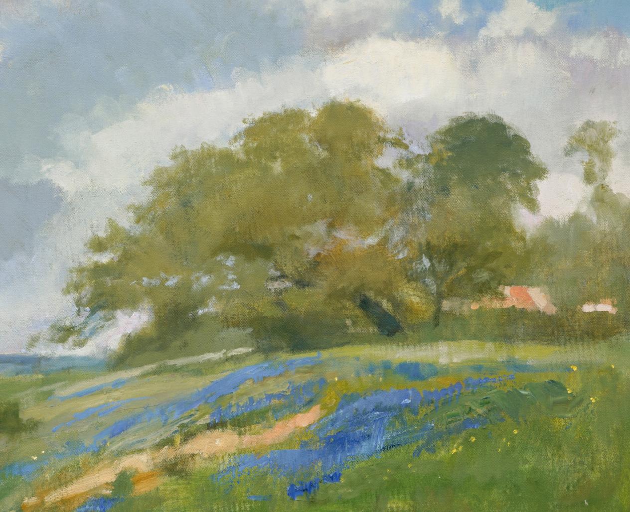 Primavera en Weimer está pintado a partir de un estudio plein aire de un día en Weimar, Texas. Esto se pintó en primavera, cuando los bluebonnets empiezan a florecer. Es habitual que la gente conduzca los fines de semana a estas pequeñas ciudades
