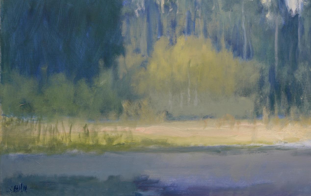 Arbres debout, paysage du Texas, huile, impressionnisme américain, grange, soleil 30X40 - Gris Landscape Painting par Steve Parker