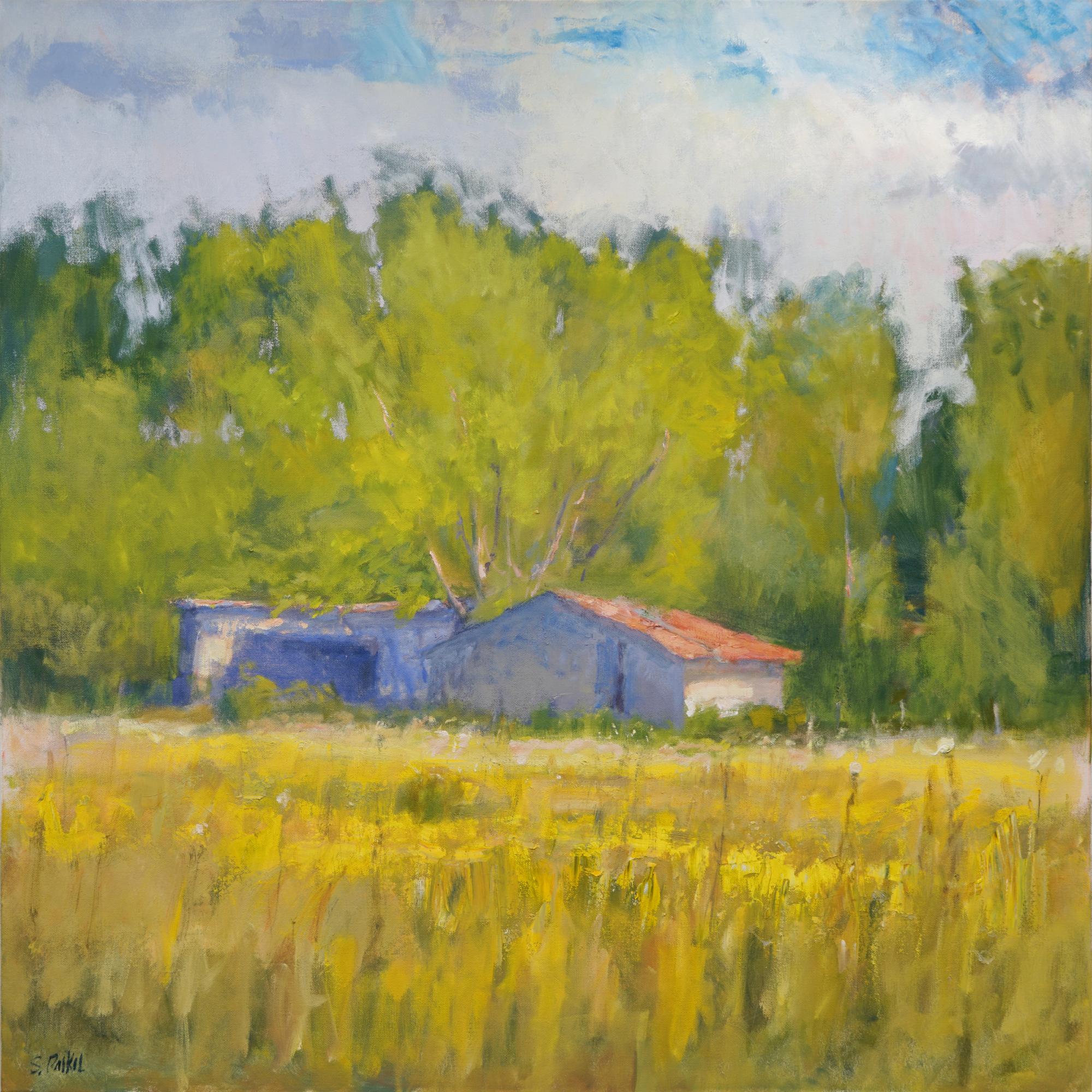 Arbres debout, paysage du Texas, huile, impressionnisme américain, grange, soleil 30X40 2