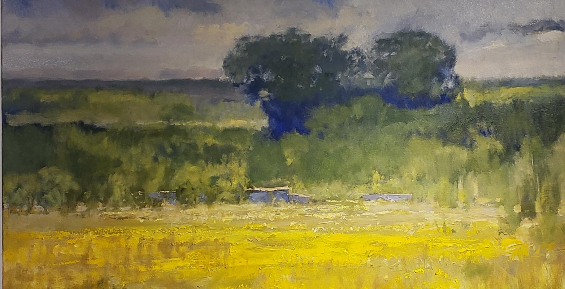 Campo del Texas , pittura ad olio di paesaggio del Texas, stile impressionista contemporaneo - Landscape Painting Marrone di Steve Parker
