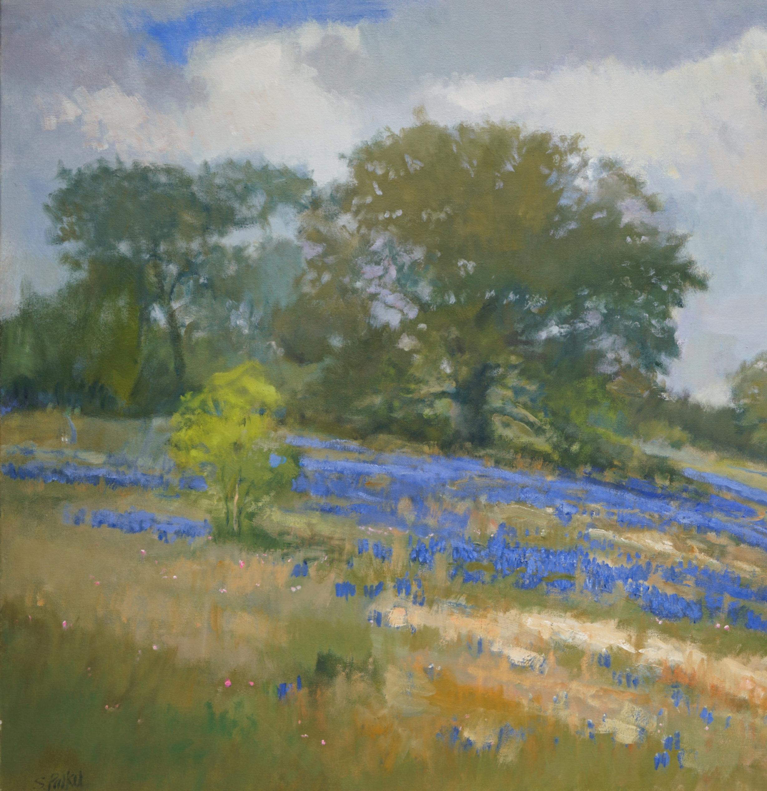 Texas Hill Country, Bluebonnets, Óleo sobre lienzo, Enmarcado, Paisaje de Texas - Painting impresionista estadounidense de Steve Parker