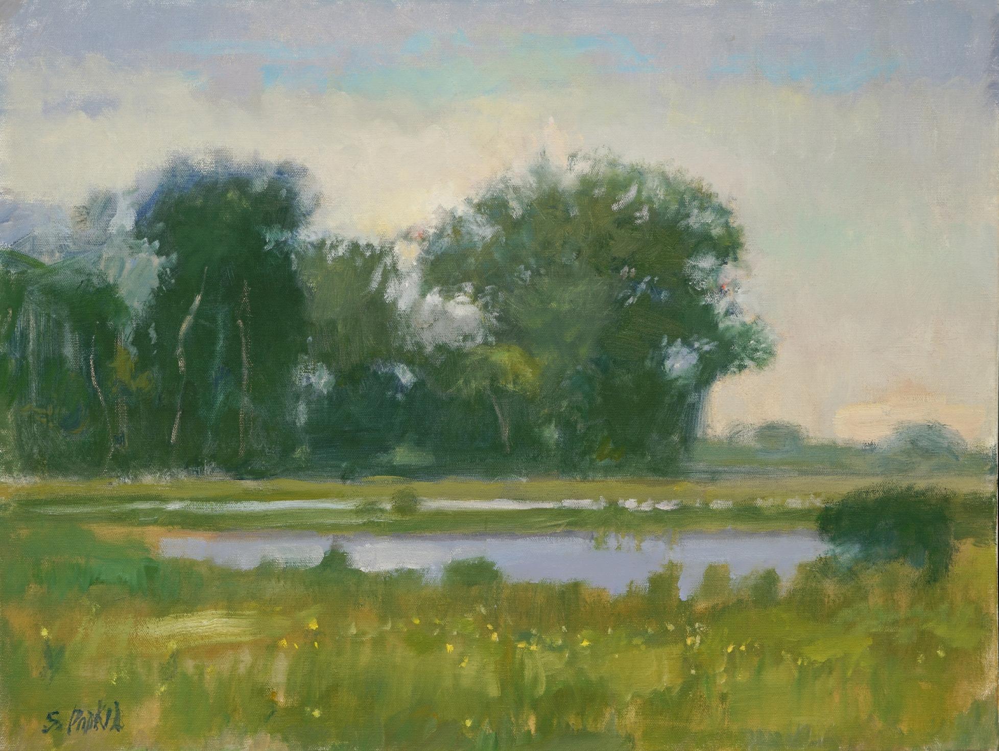 Les arbres au milieu  Ranch George   Paysage du Texas  Pétrole  Impressionnisme américain - Gris Landscape Painting par Steve Parker