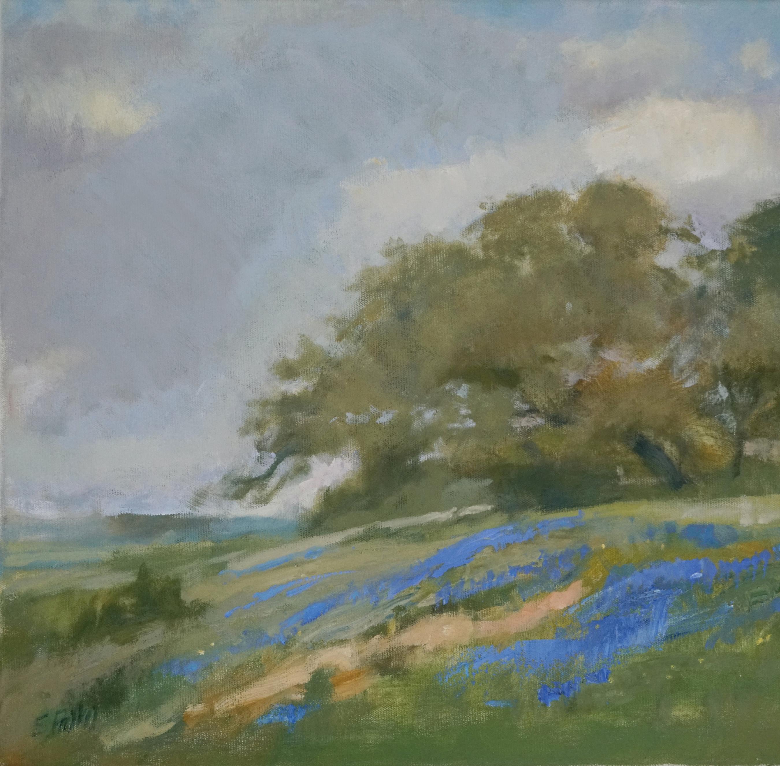 Weimar, Texas, Landscape w/ Bluebonnets, Oil on Canvas , Framed, Impressionism  - Painting by Steve Parker